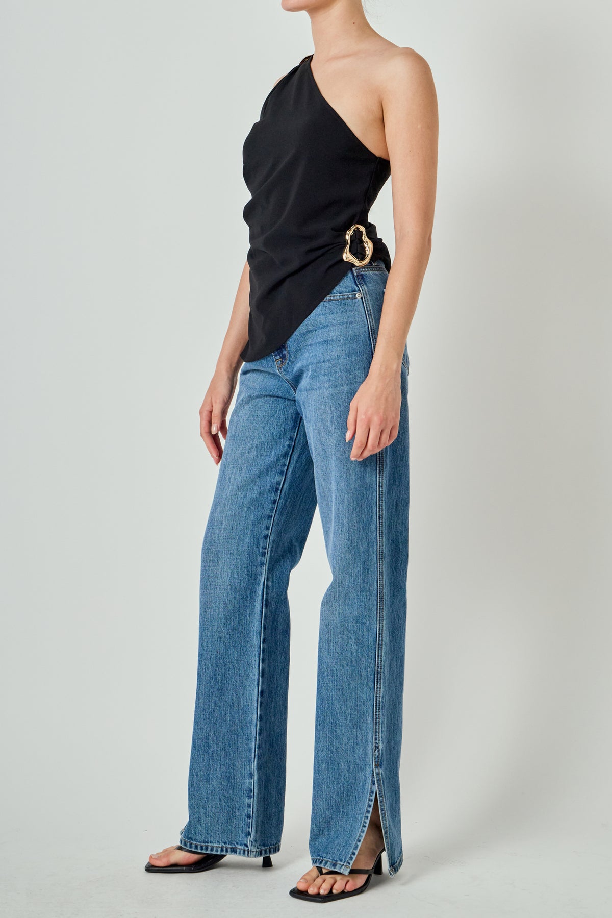 One Shoulder Ruched Top with Gold Trim