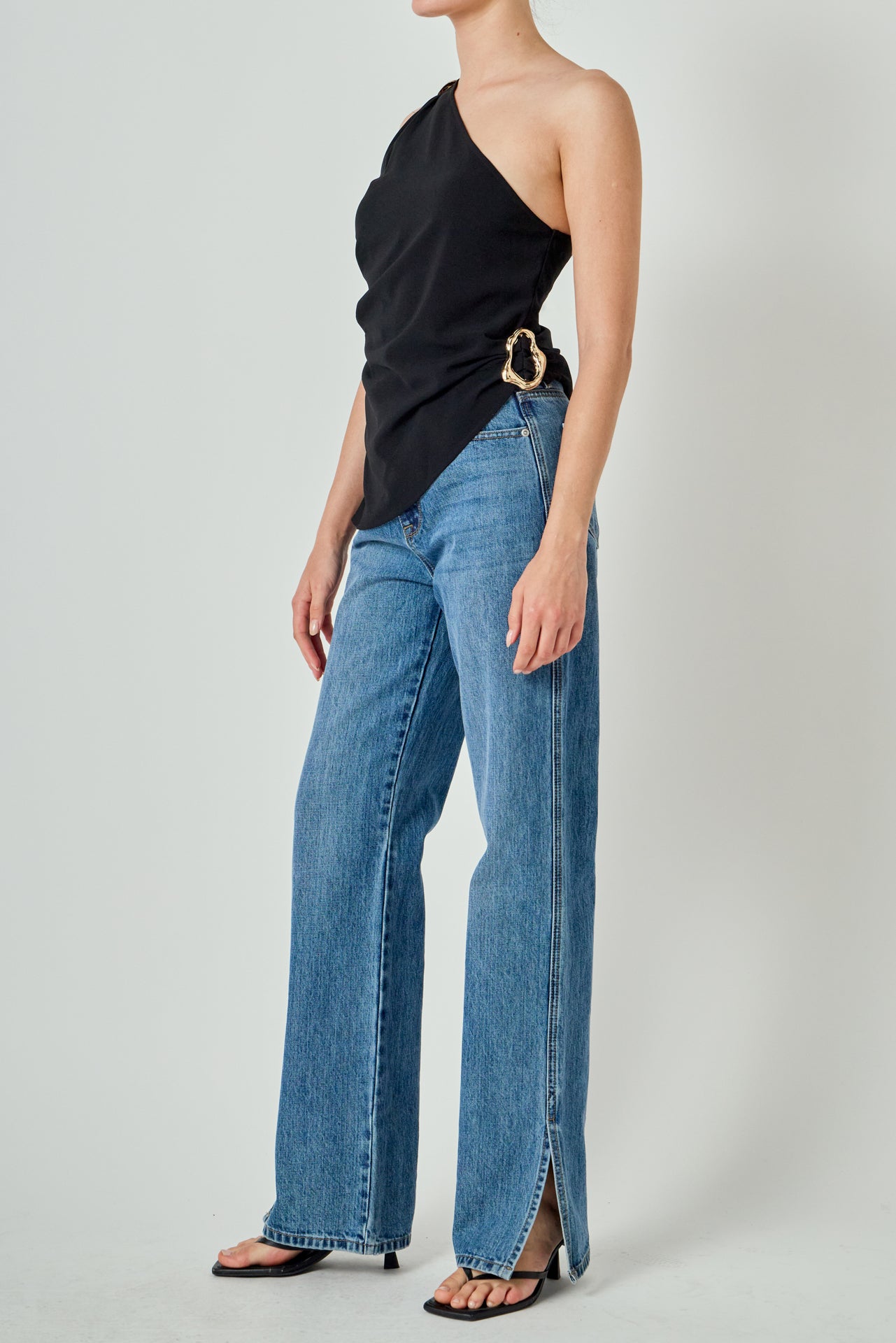 One Shoulder Ruched Top with Gold Trim