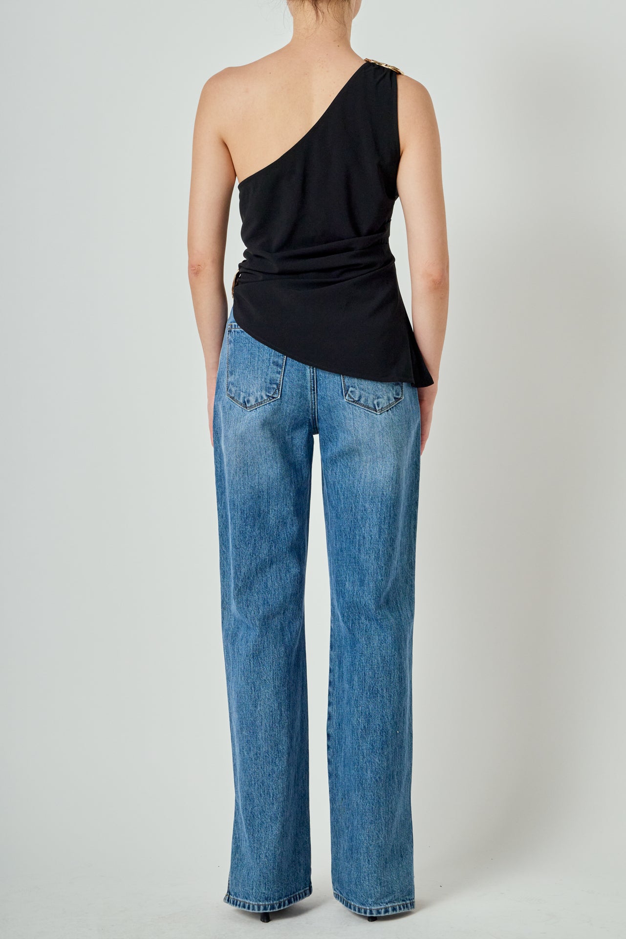 One Shoulder Ruched Top with Gold Trim