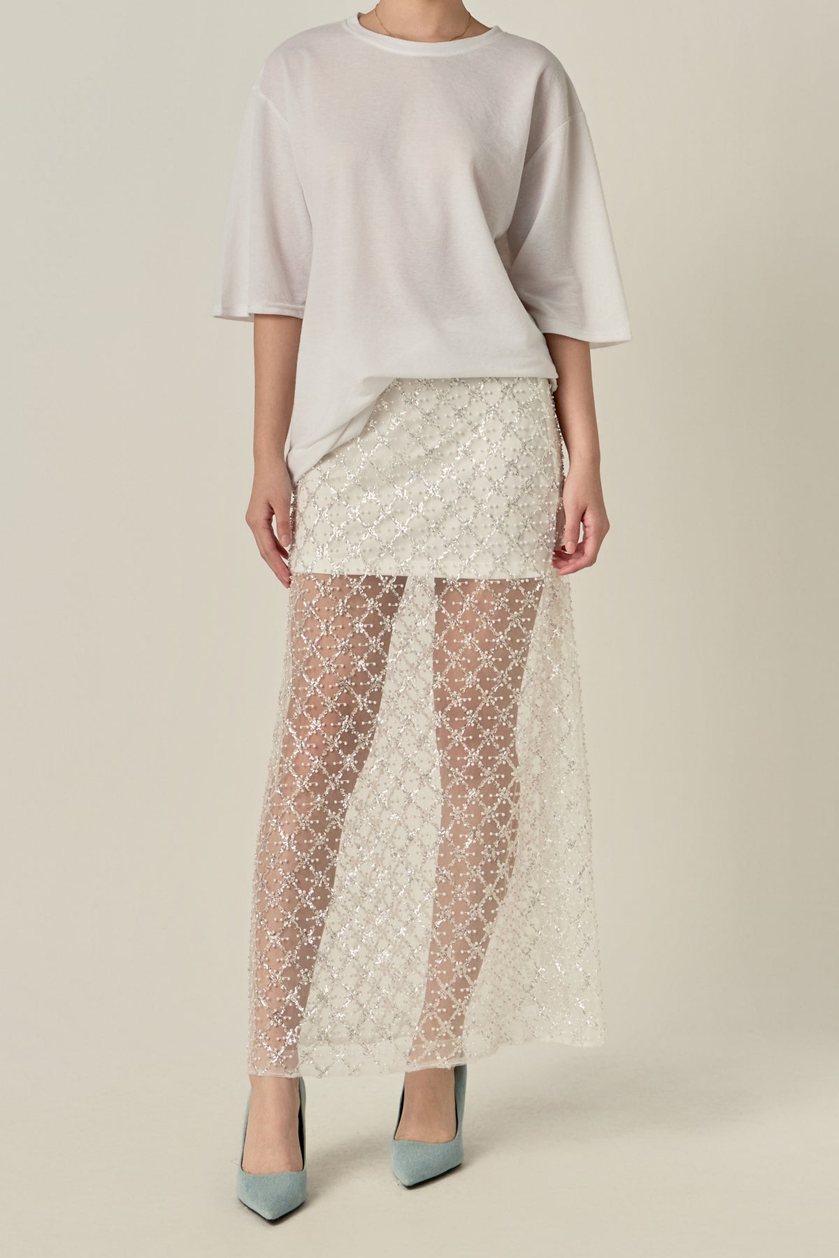 Embellished Mesh Maxi Skirt