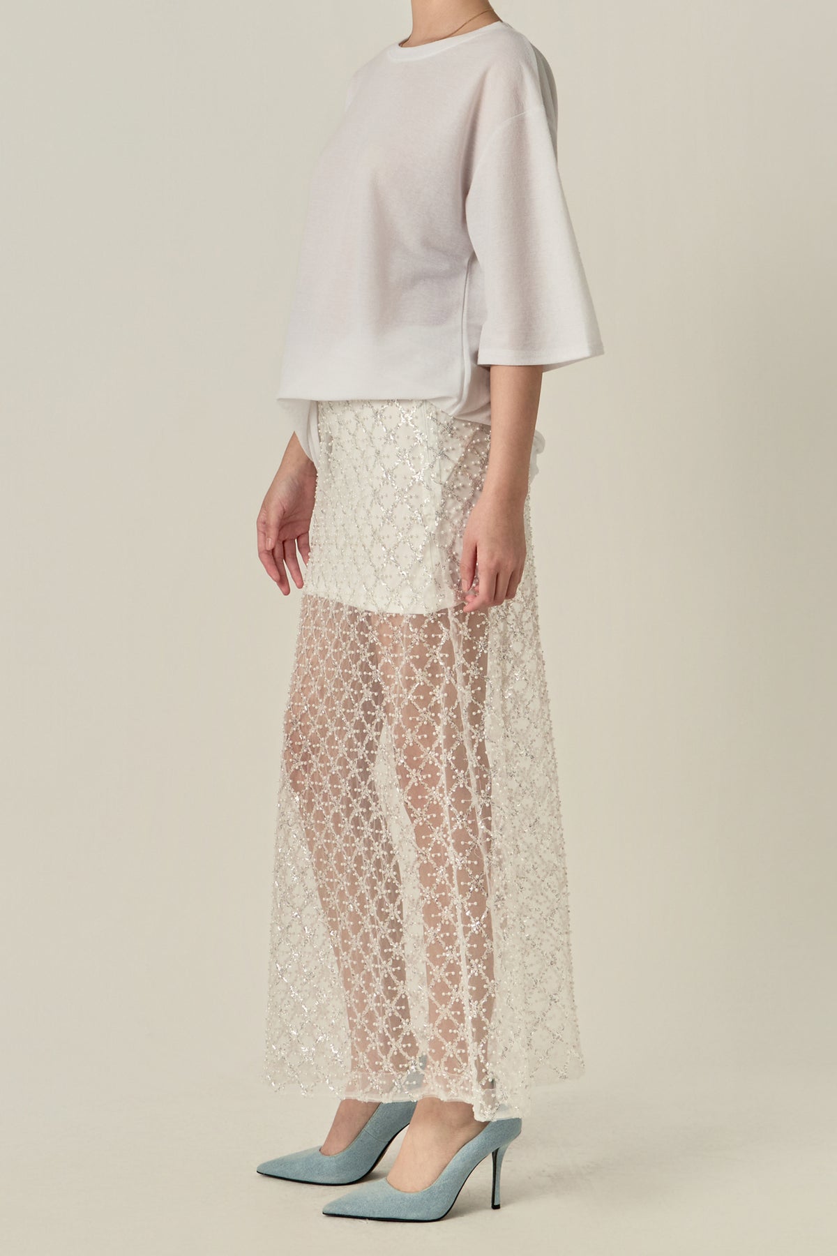 Embellished Mesh Maxi Skirt