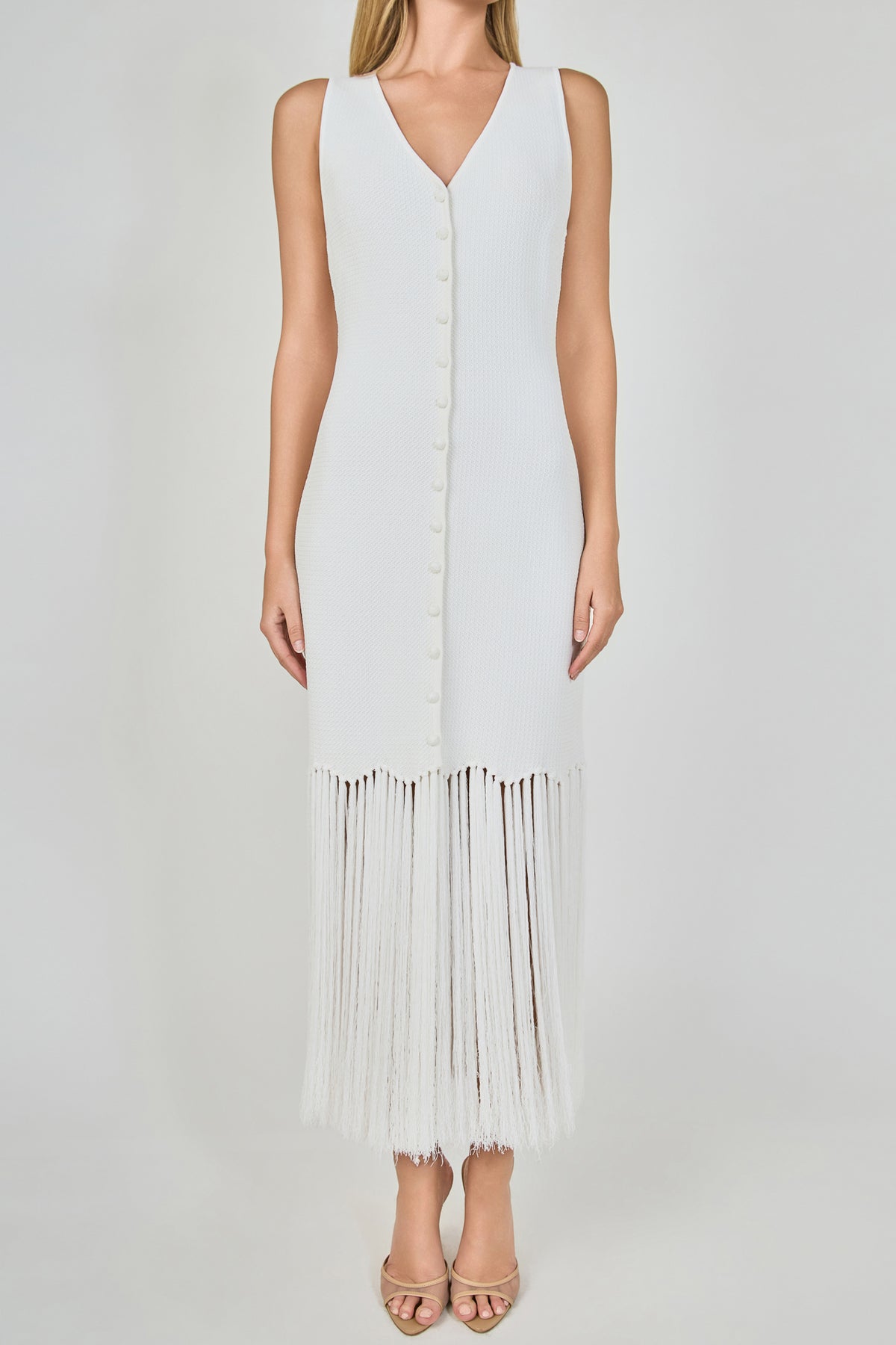Sleeveless Fringed Knit Midi Dress