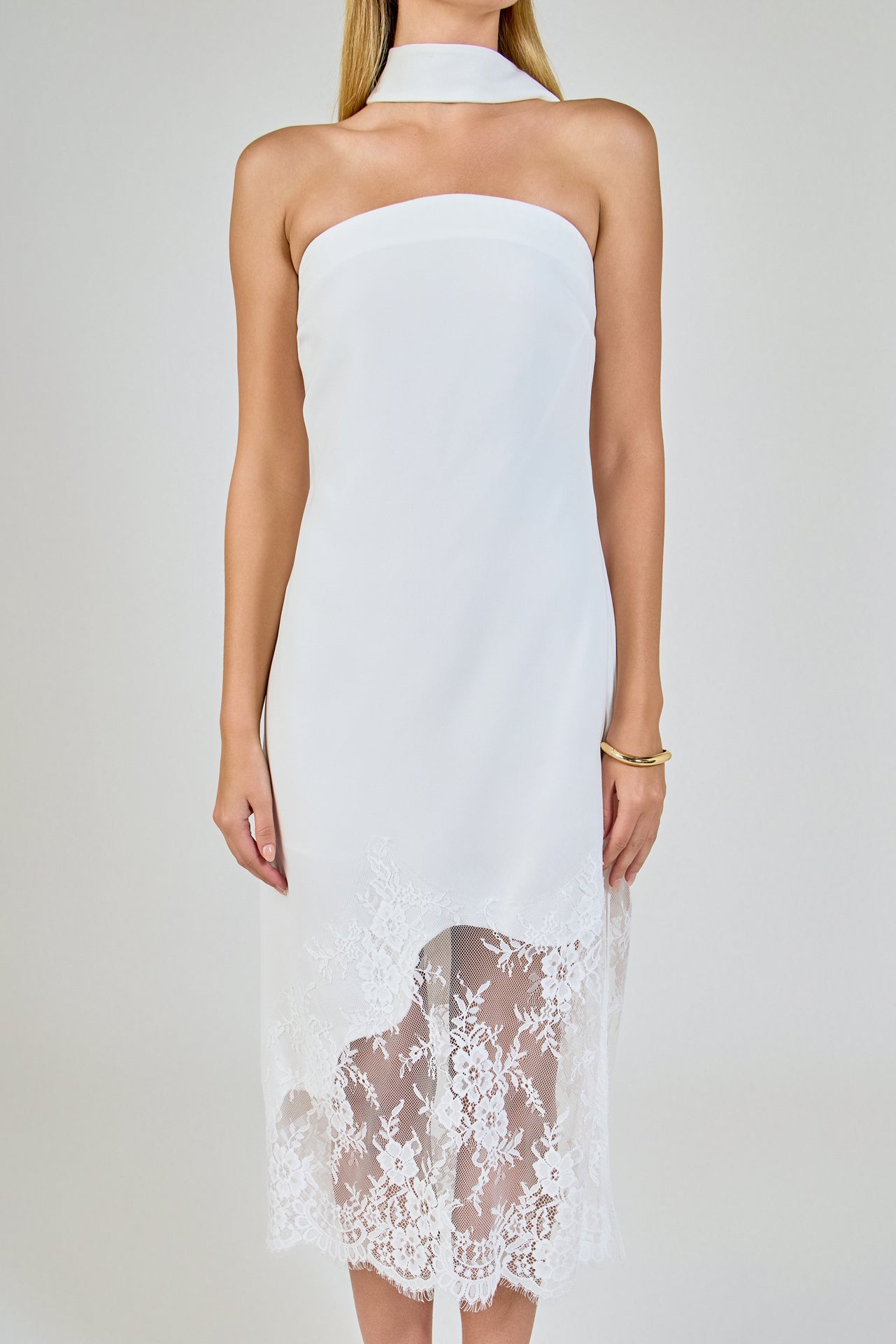 Lace Mix Media Chocker Tie Midi Dress