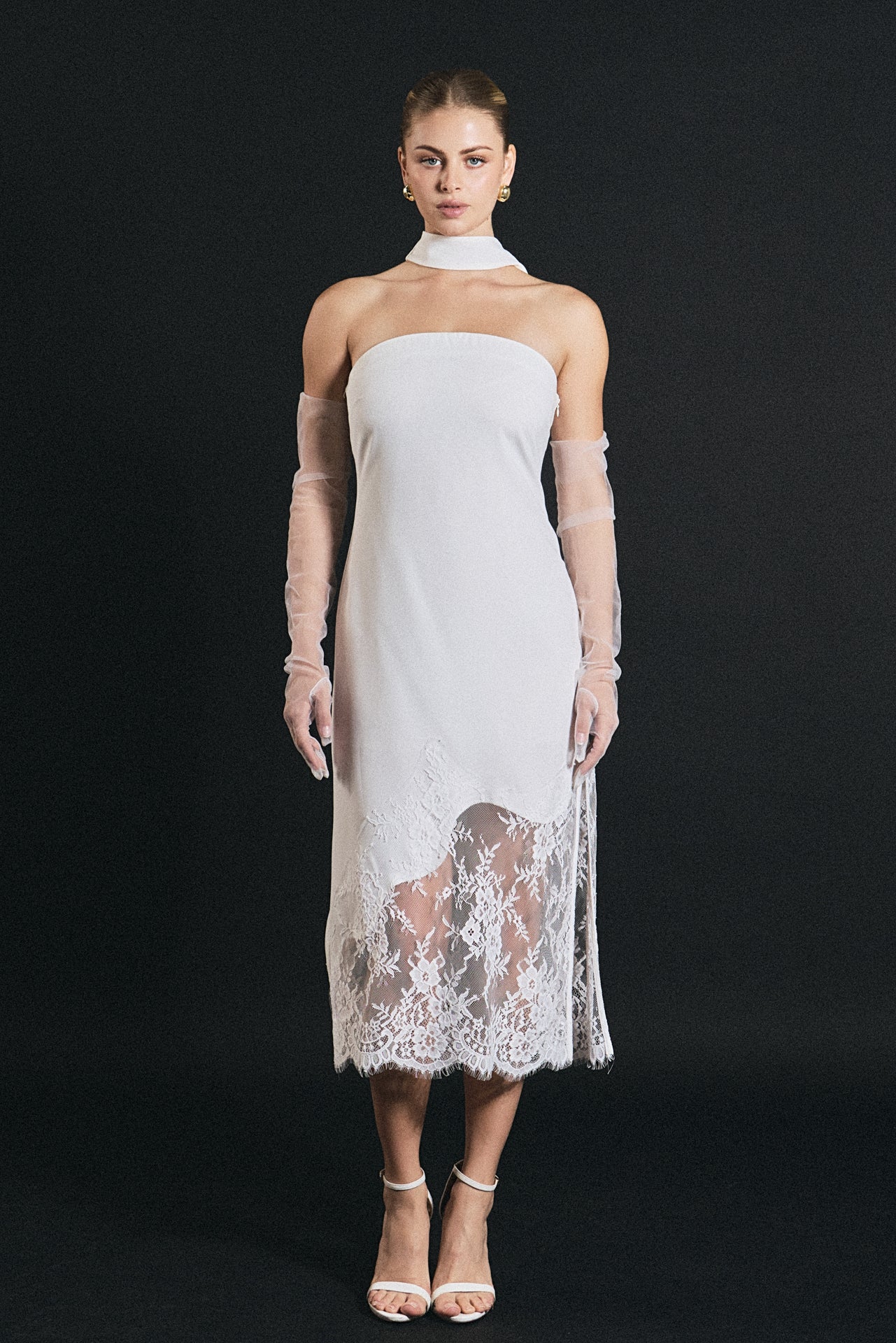 Lace Mix Media Chocker Tie Midi Dress