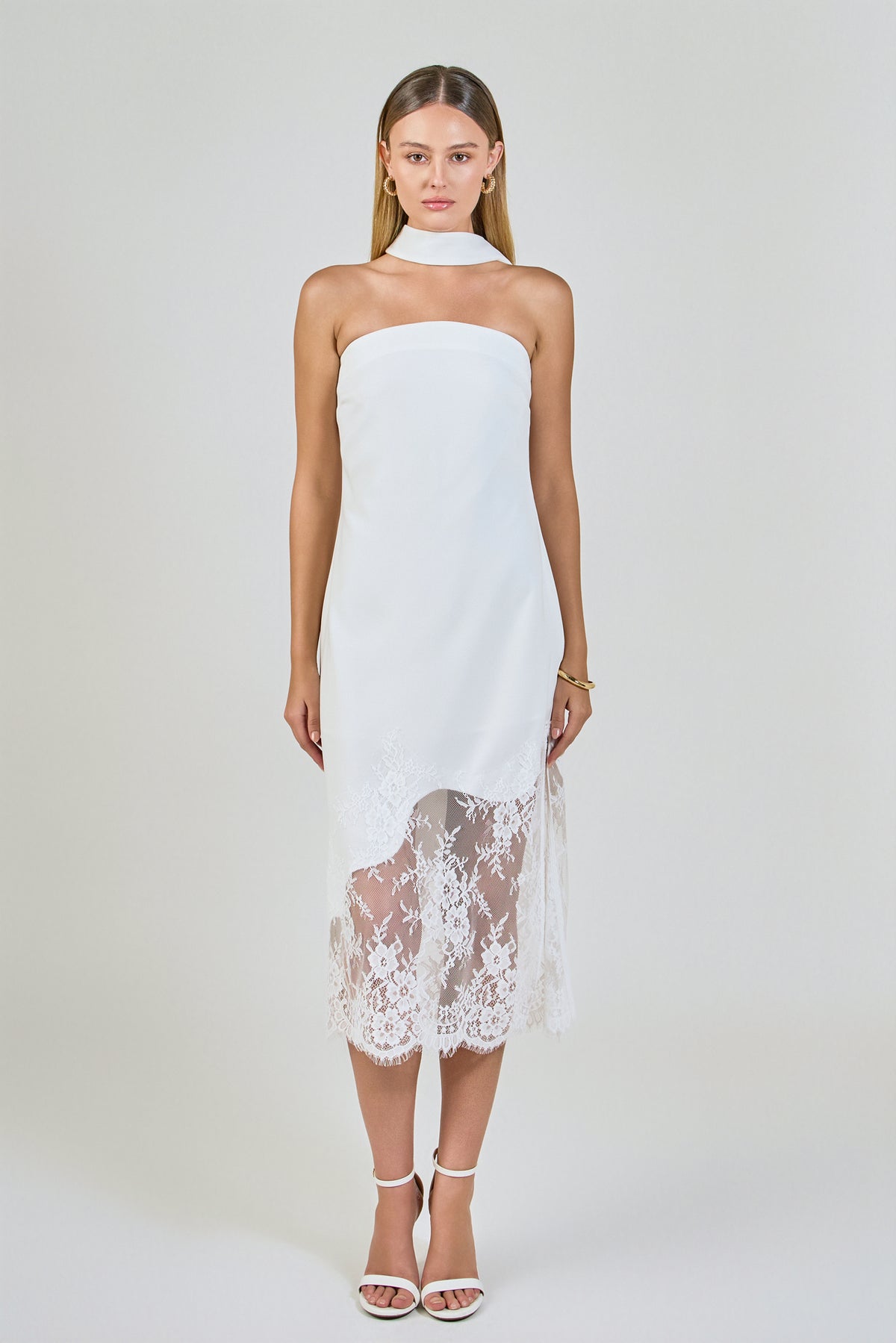 Lace Mix Media Chocker Tie Midi Dress