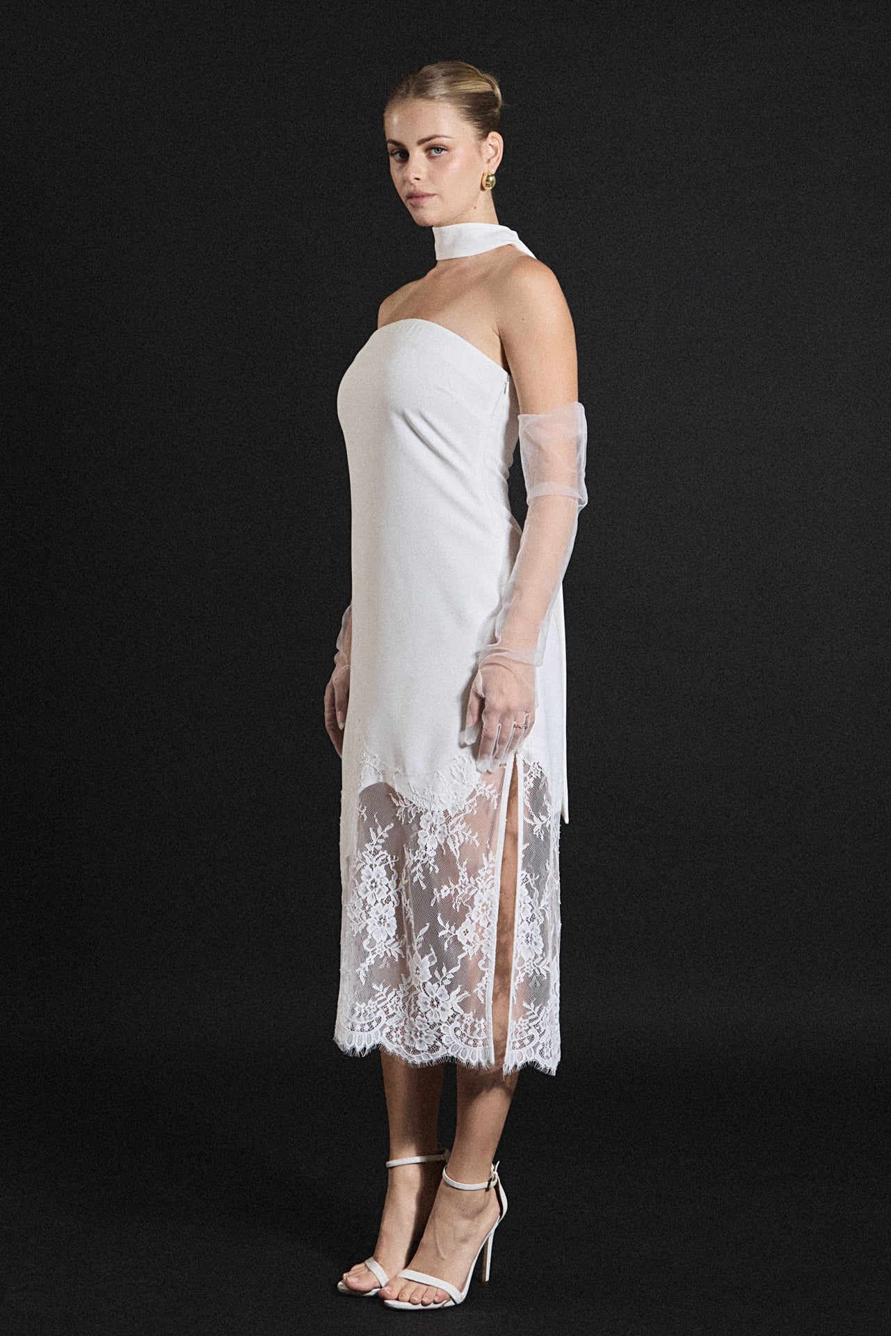 Lace Mix Media Chocker Tie Midi Dress