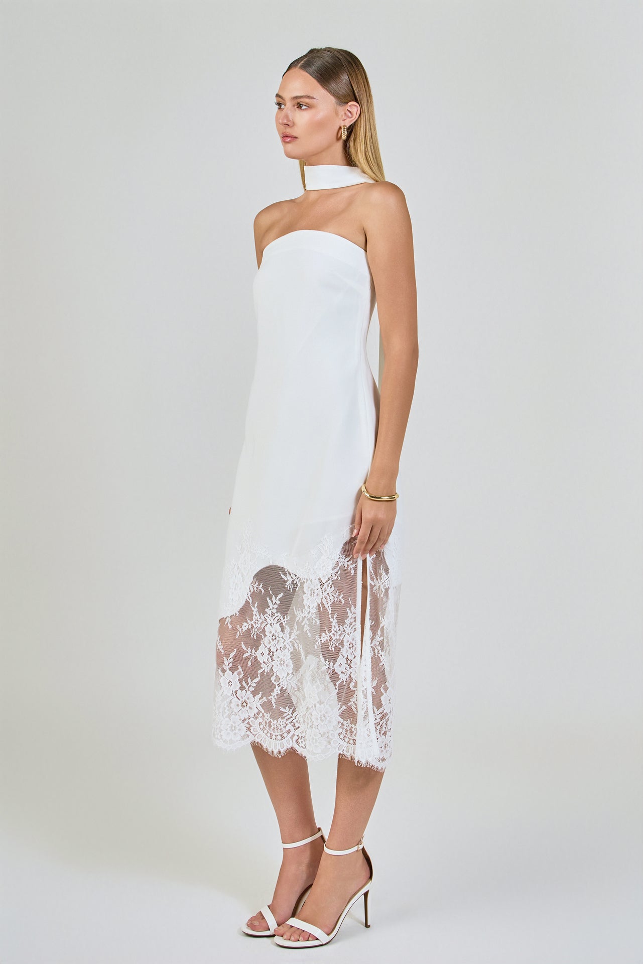 Lace Mix Media Chocker Tie Midi Dress