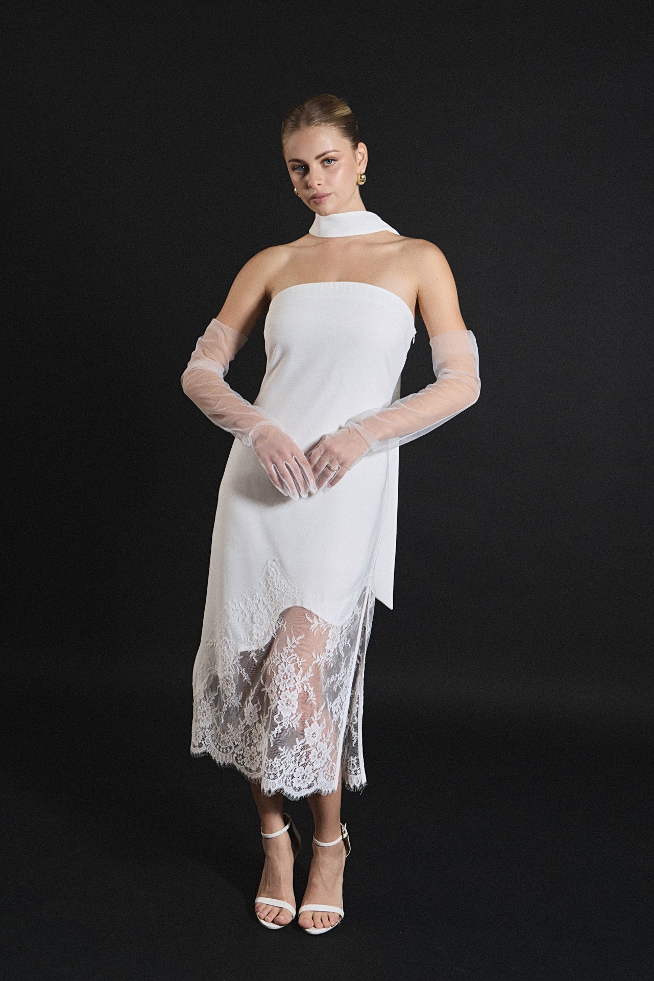 Lace Mix Media Chocker Tie Midi Dress