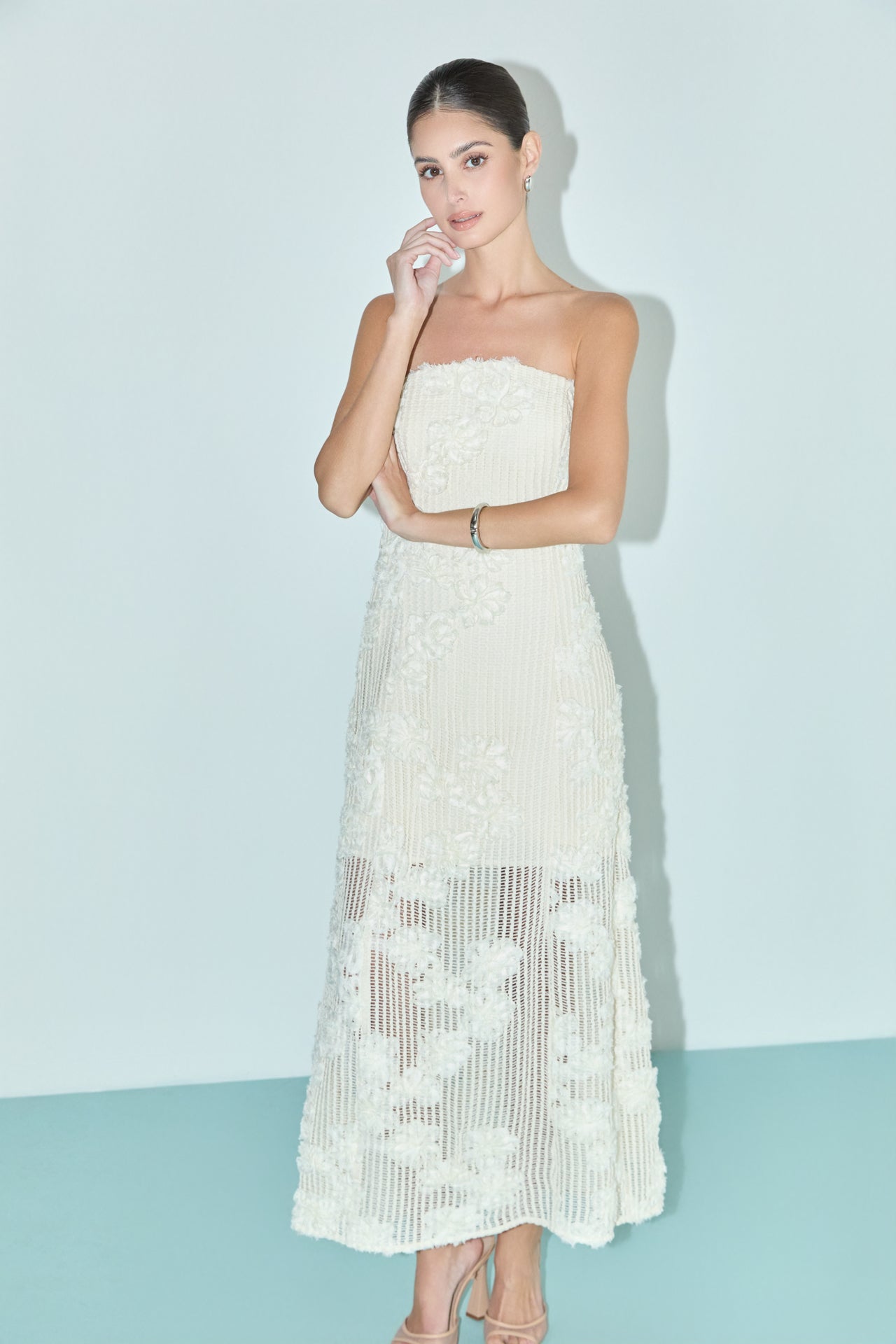 Strapless Embroidered Net Maxi Dress
