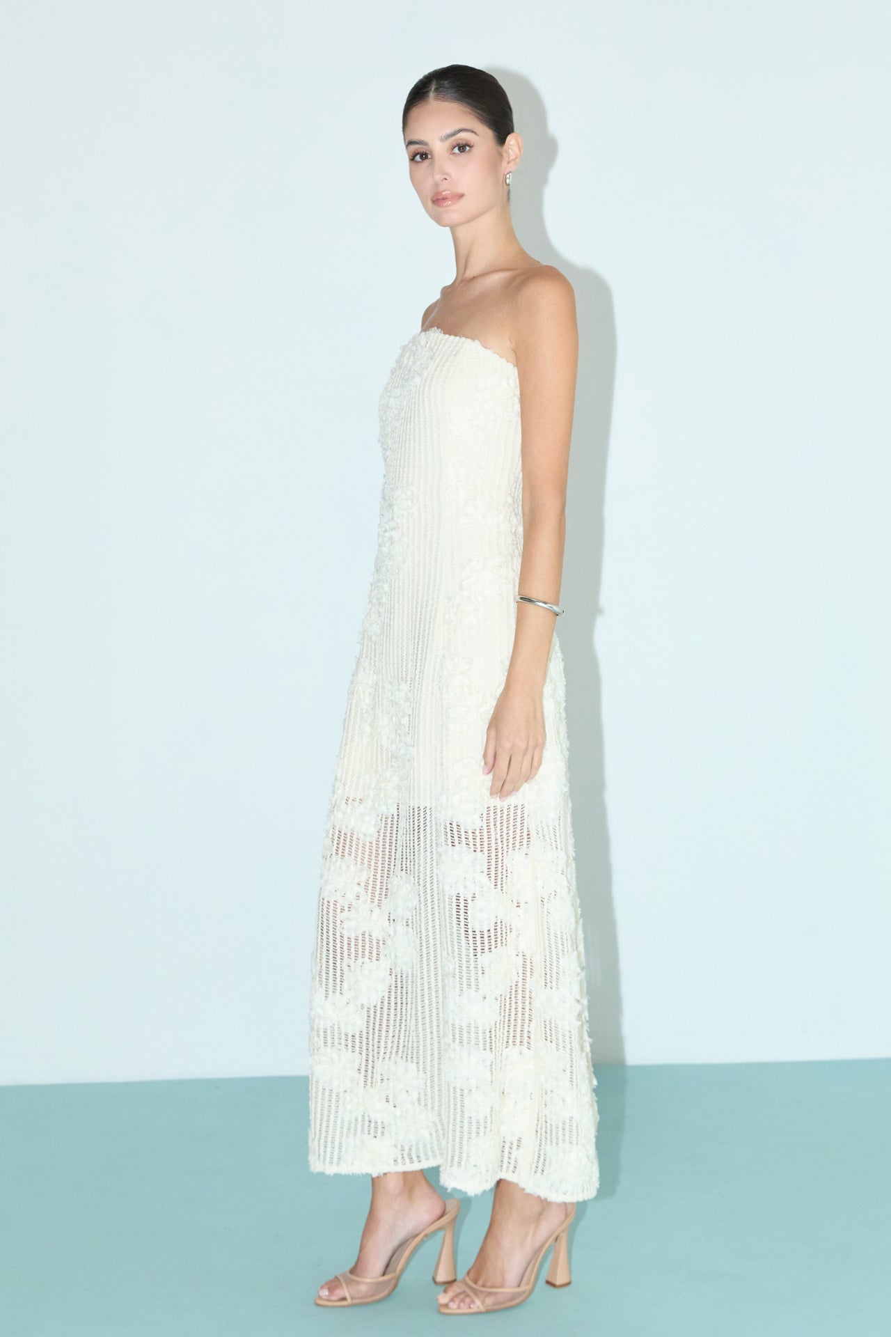 Strapless Embroidered Net Maxi Dress