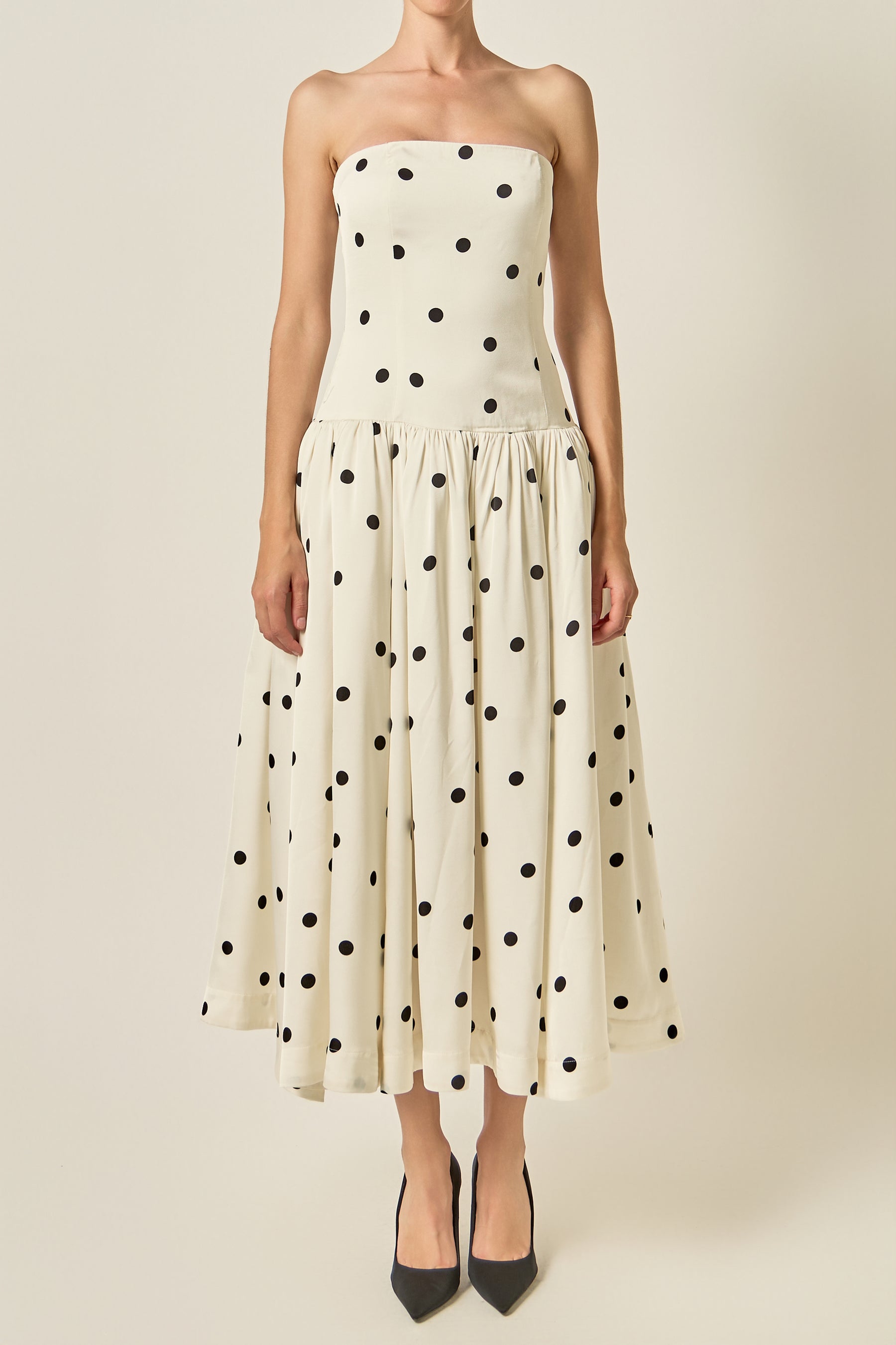 Strapless Polka Dot Drop Waist Midi Dress