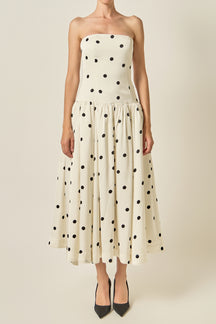 Strapless Polka Dot Drop Waist Midi Dress