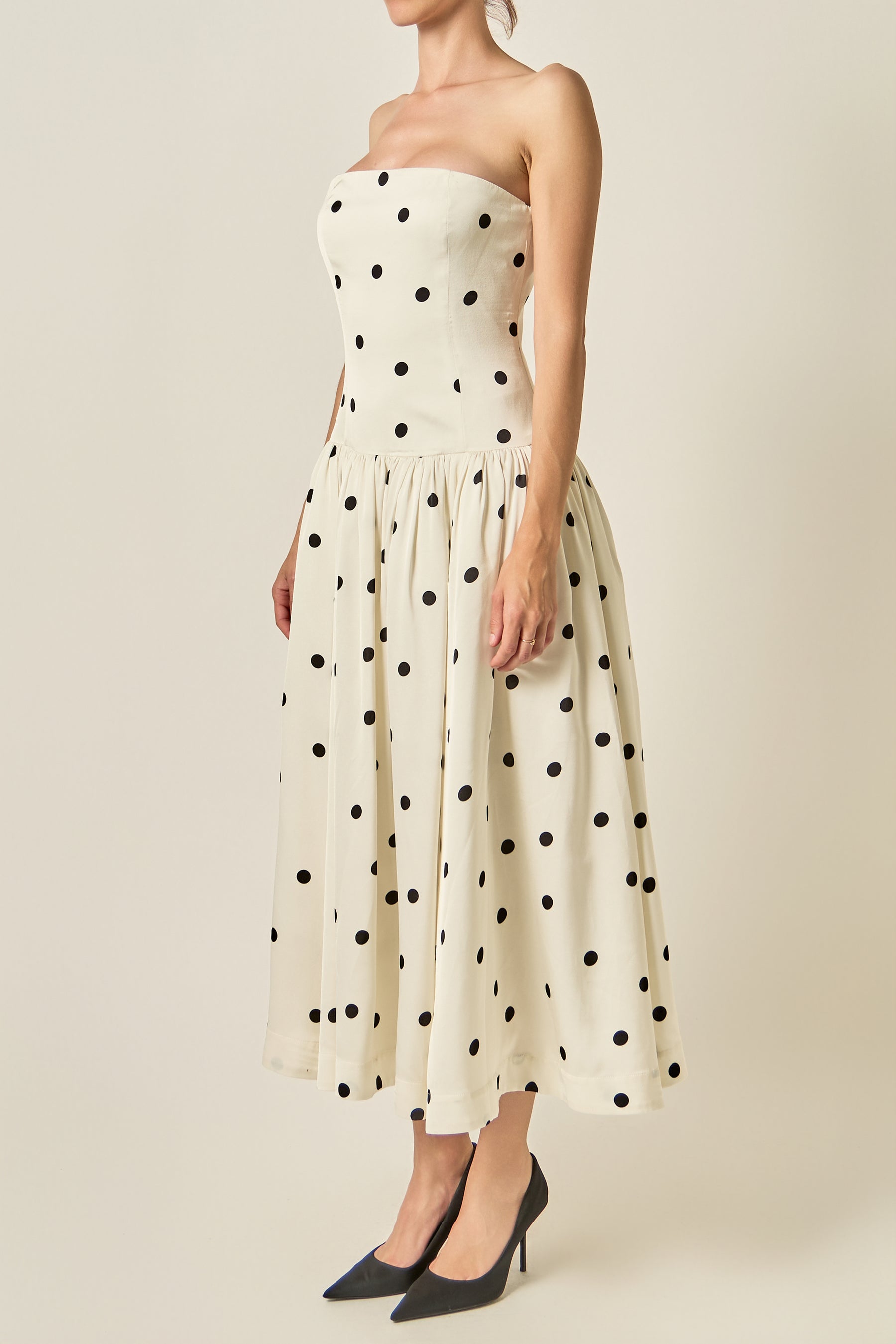 Strapless Polka Dot Drop Waist Midi Dress