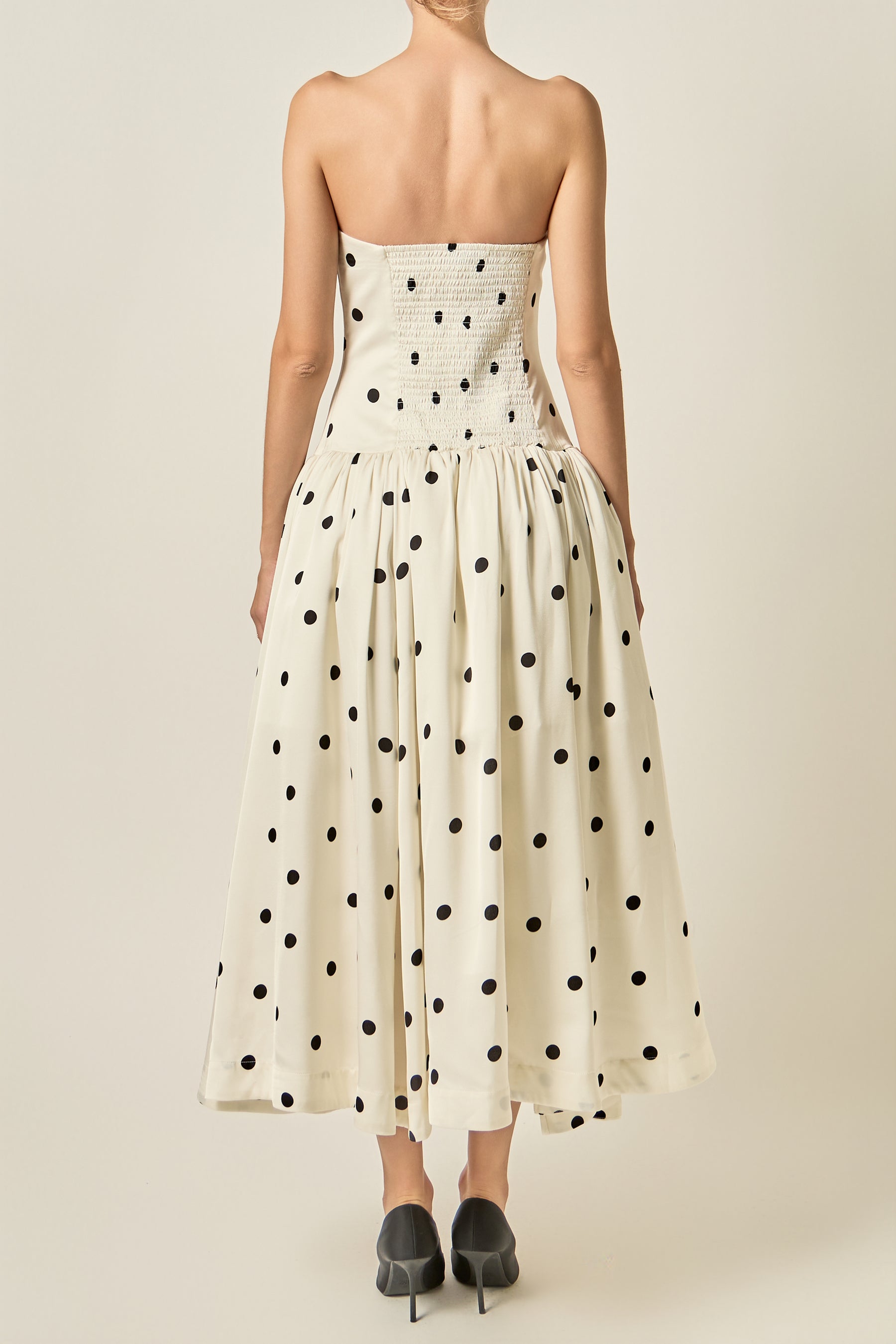 Strapless Polka Dot Drop Waist Midi Dress