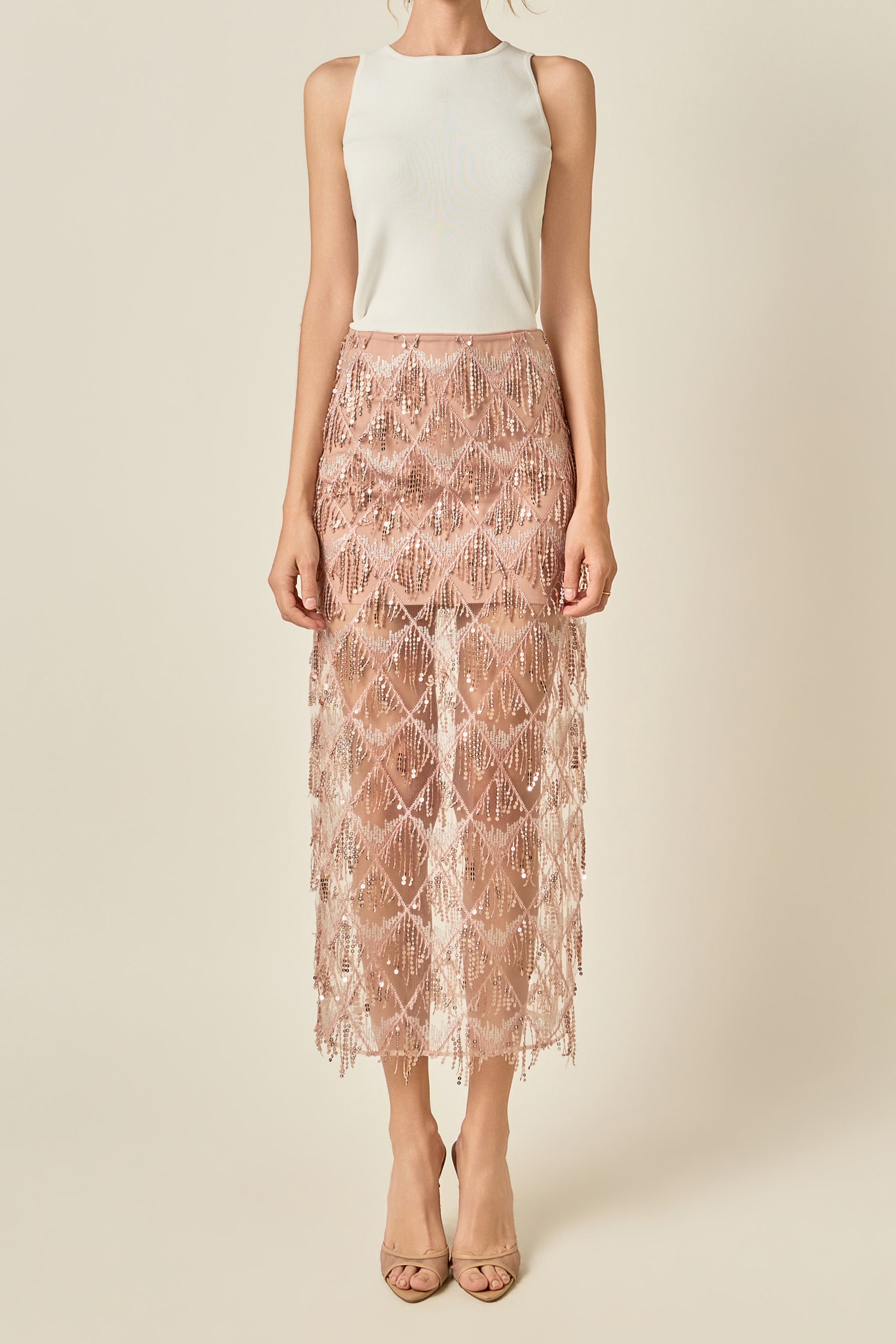 Beaded Fringe Sequin Maxi Skirt