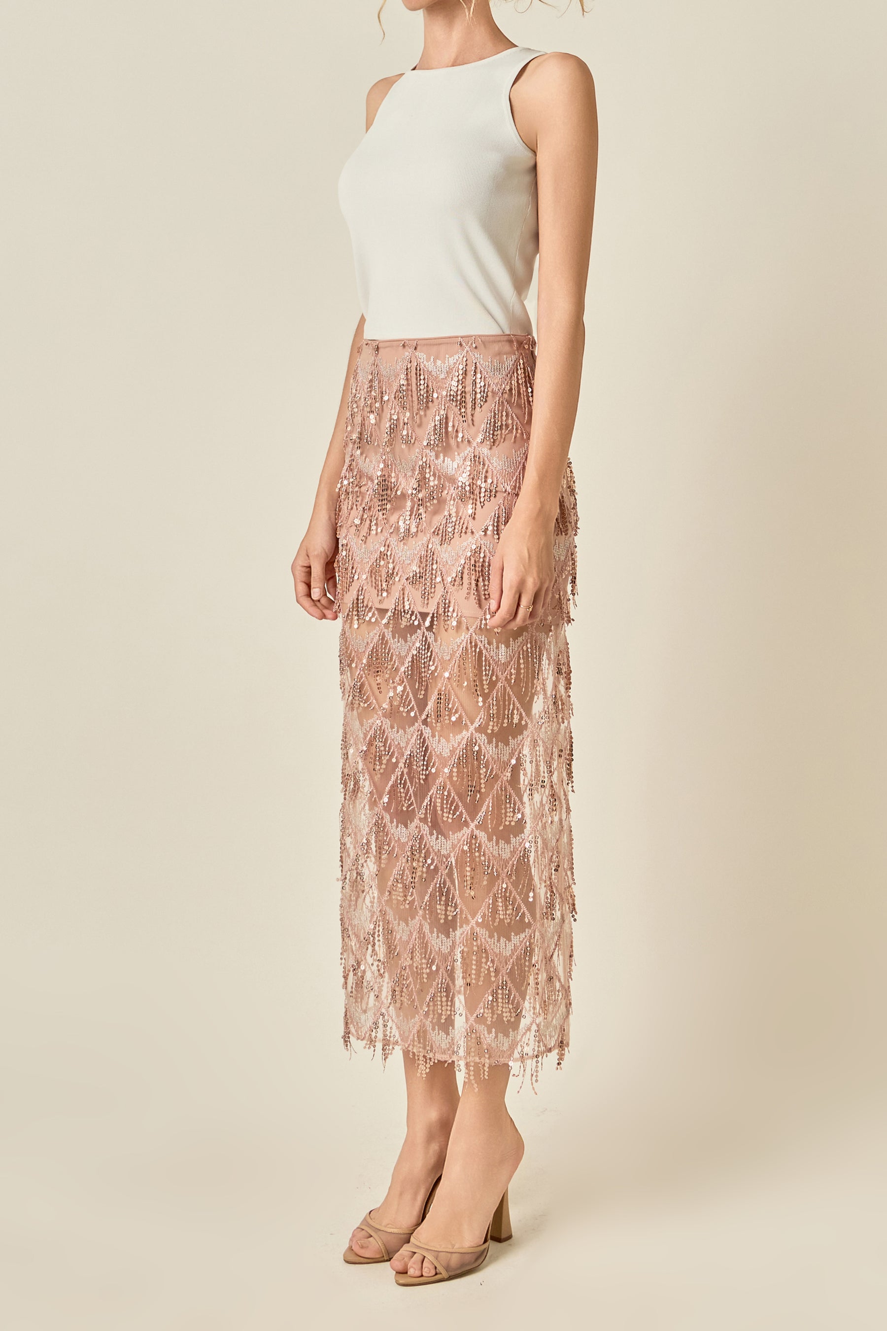 Beaded Fringe Sequin Maxi Skirt
