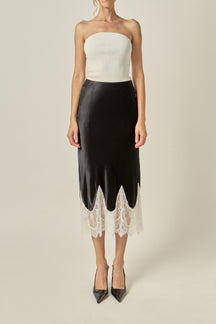 Lace Hem Satin Midi Skirt