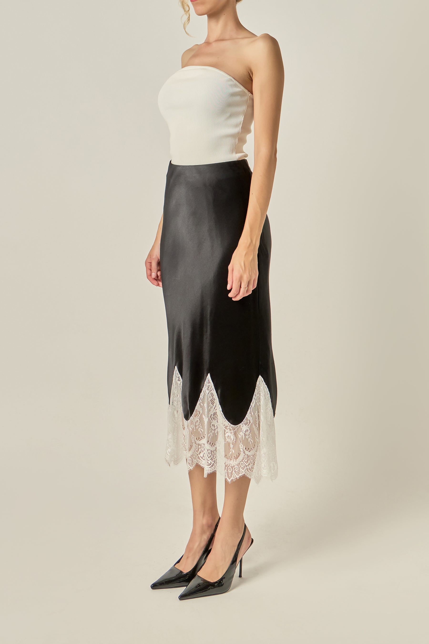 Lace Hem Satin Midi Skirt