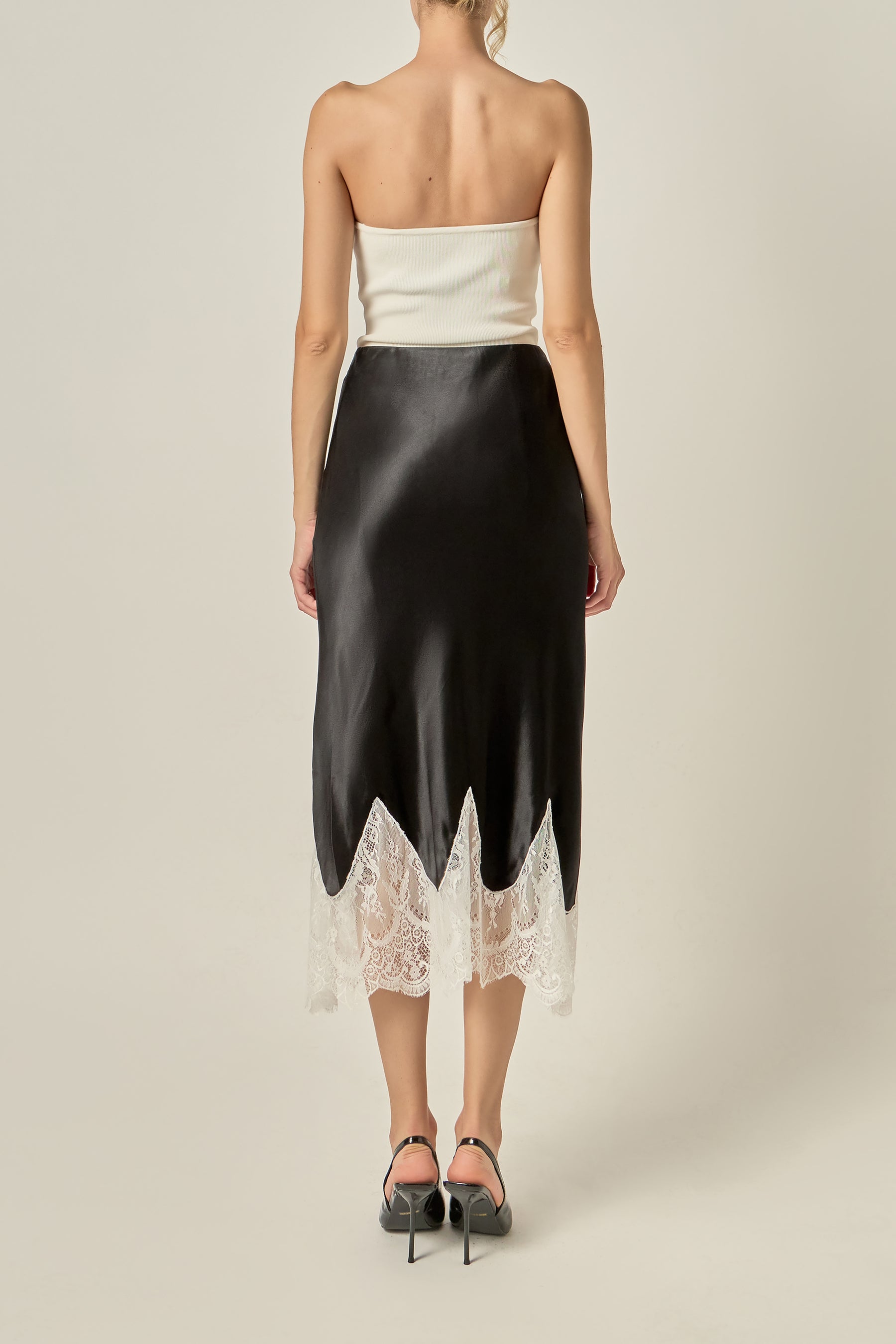 Lace Hem Satin Midi Skirt