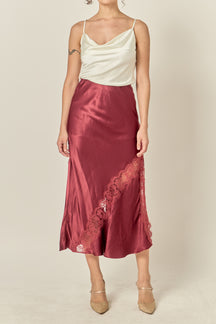 Lace Inset Satin Midi Skirt