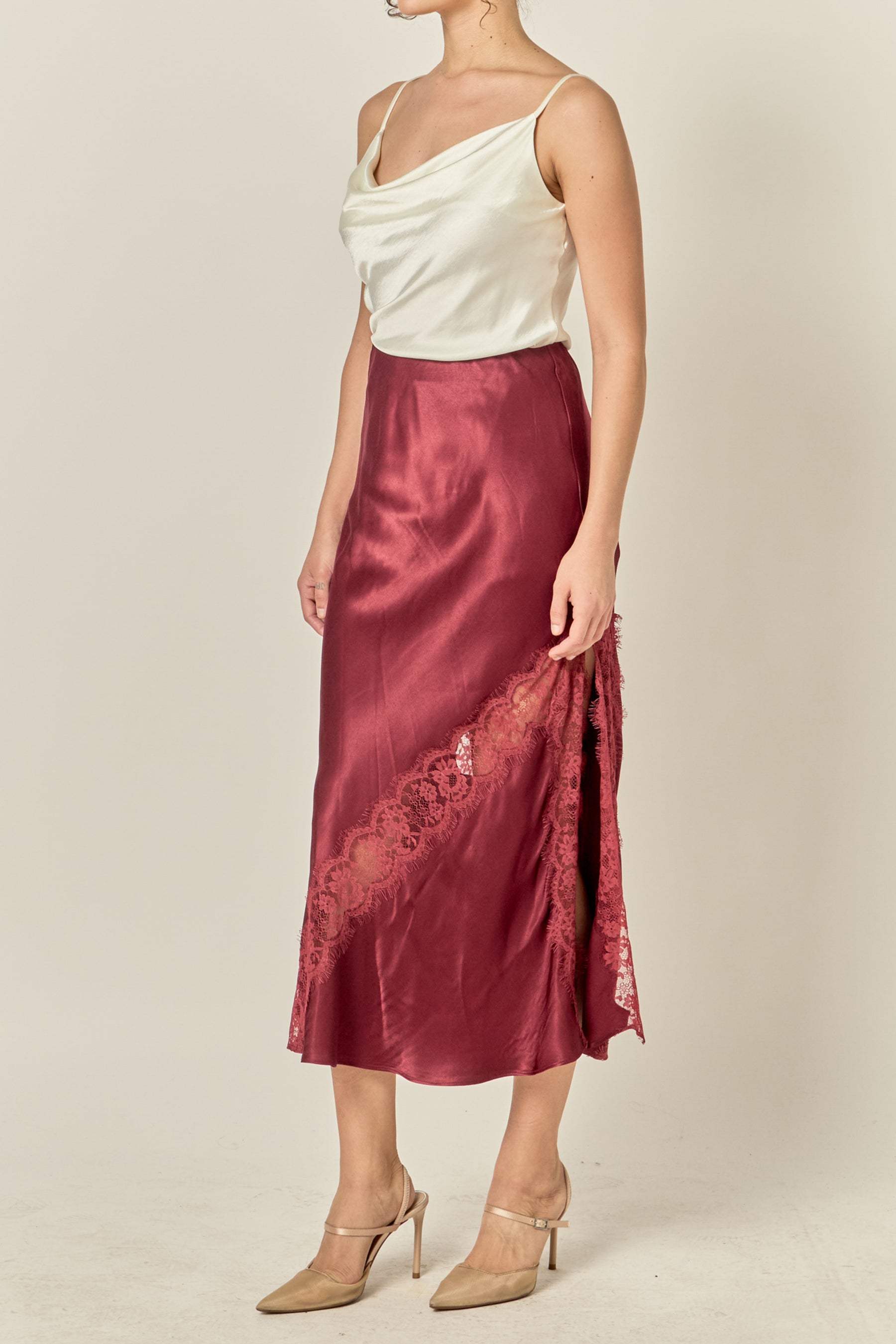 Lace Inset Satin Midi Skirt
