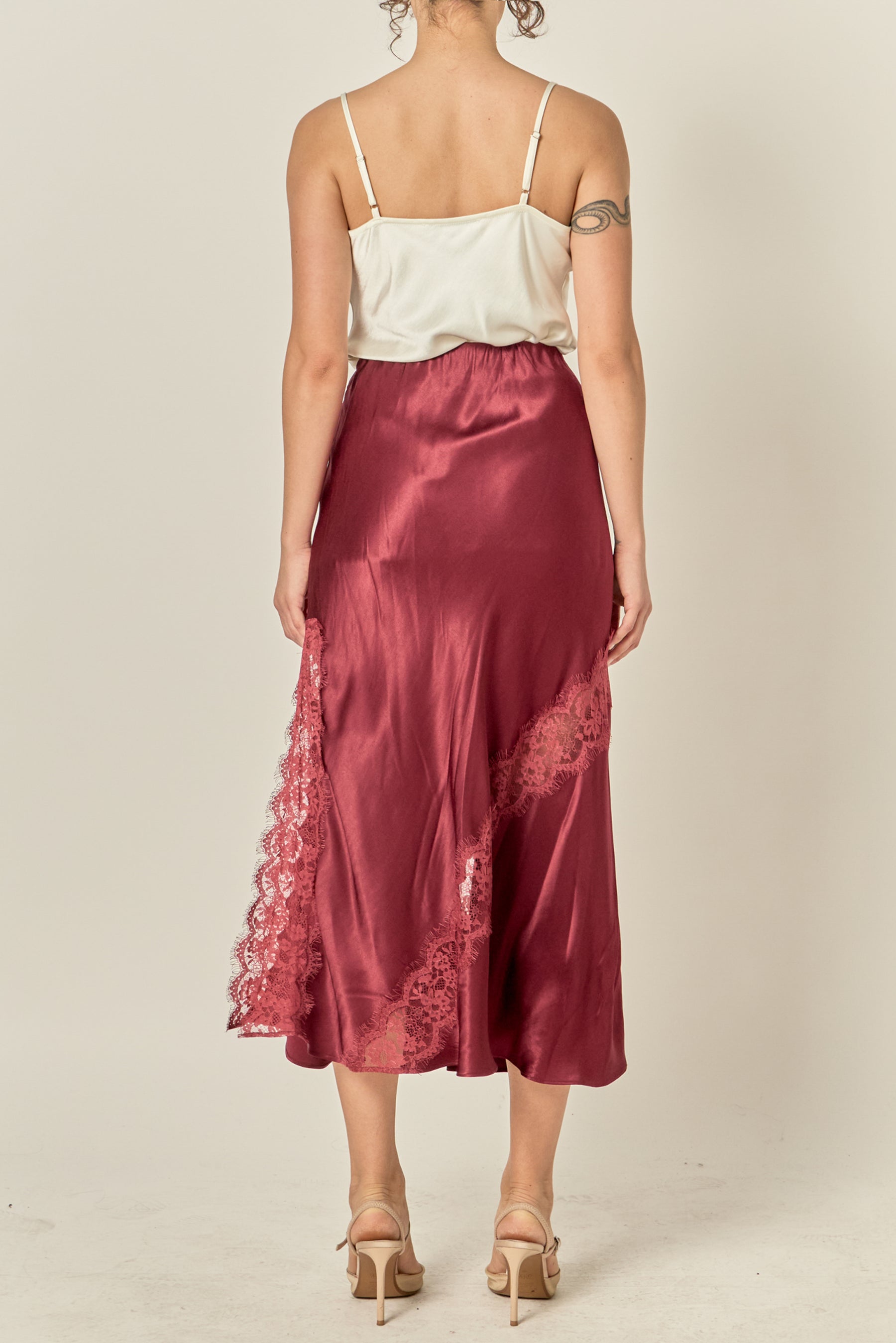 Lace Inset Satin Midi Skirt
