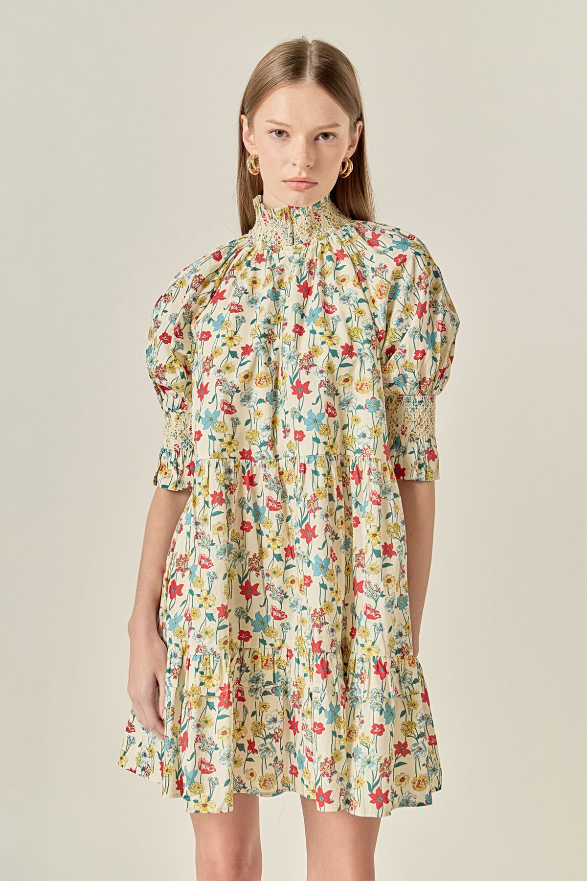 Smocked Puff Sleeves Mini Dress