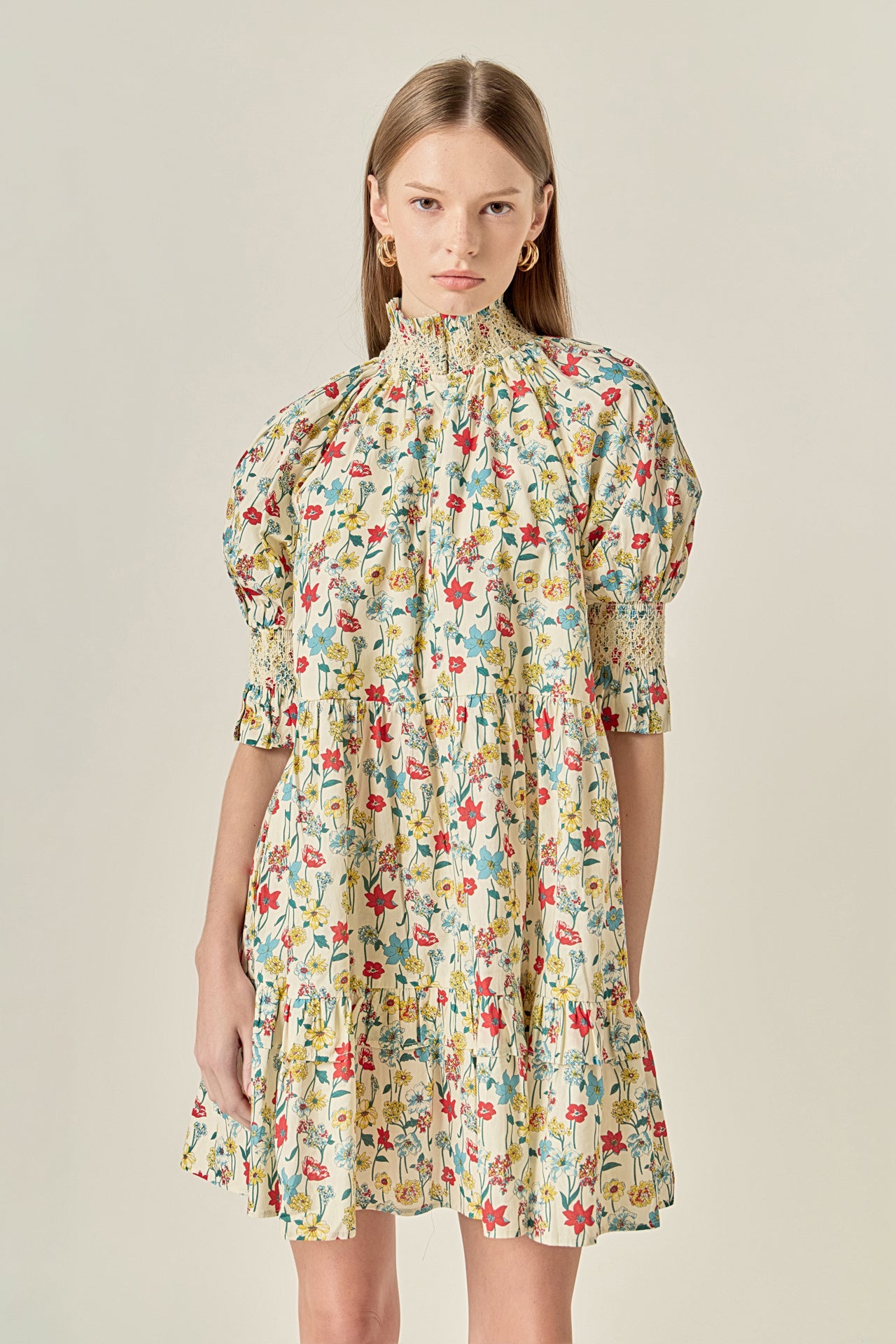 Smocked Puff Sleeves Mini Dress