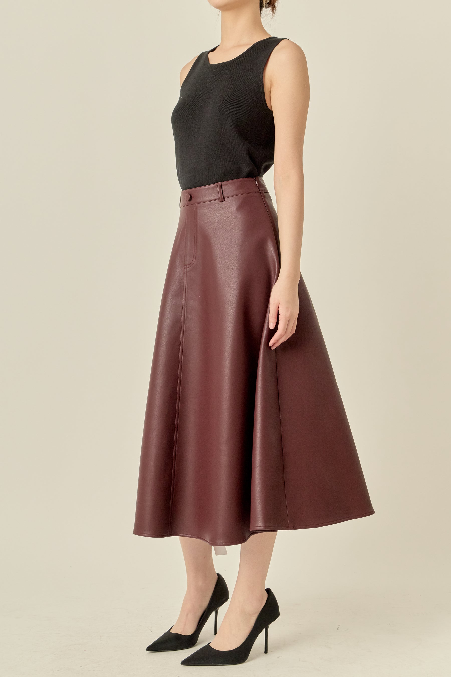 Faux Leather A-Line Midi Skirt