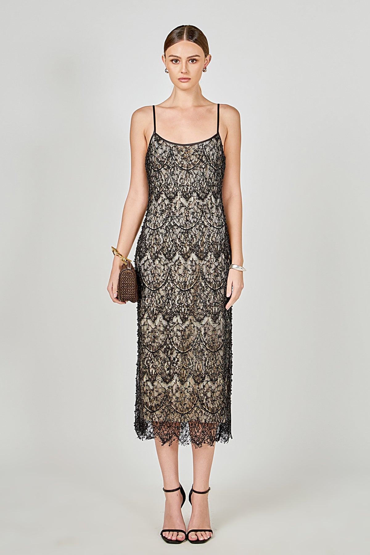 Pearl Beaded Lace Midi Dress