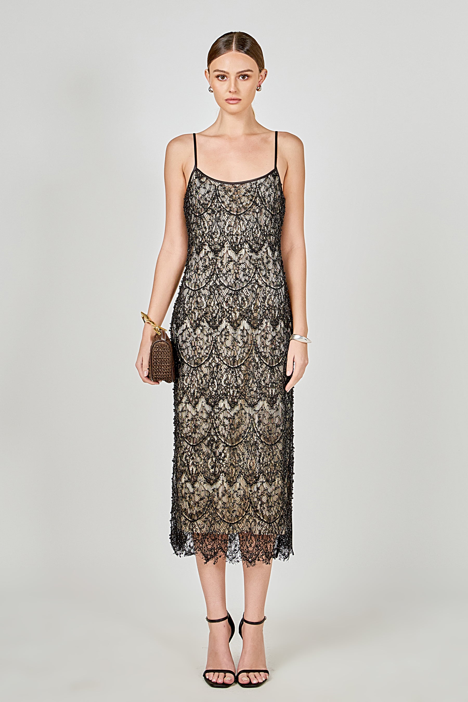 Pearl Beaded Lace Midi Dress