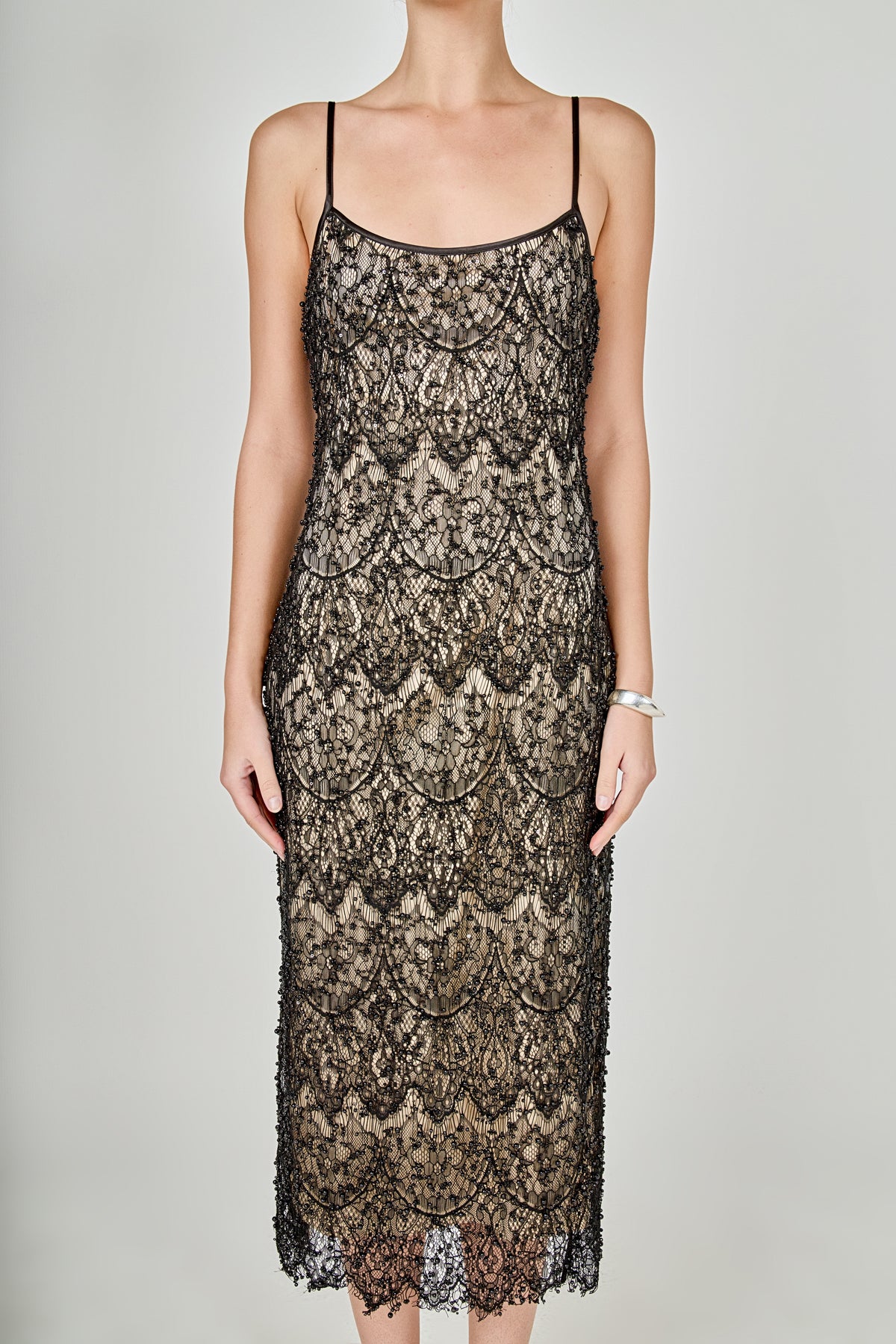 Pearl Beaded Lace Midi Dress