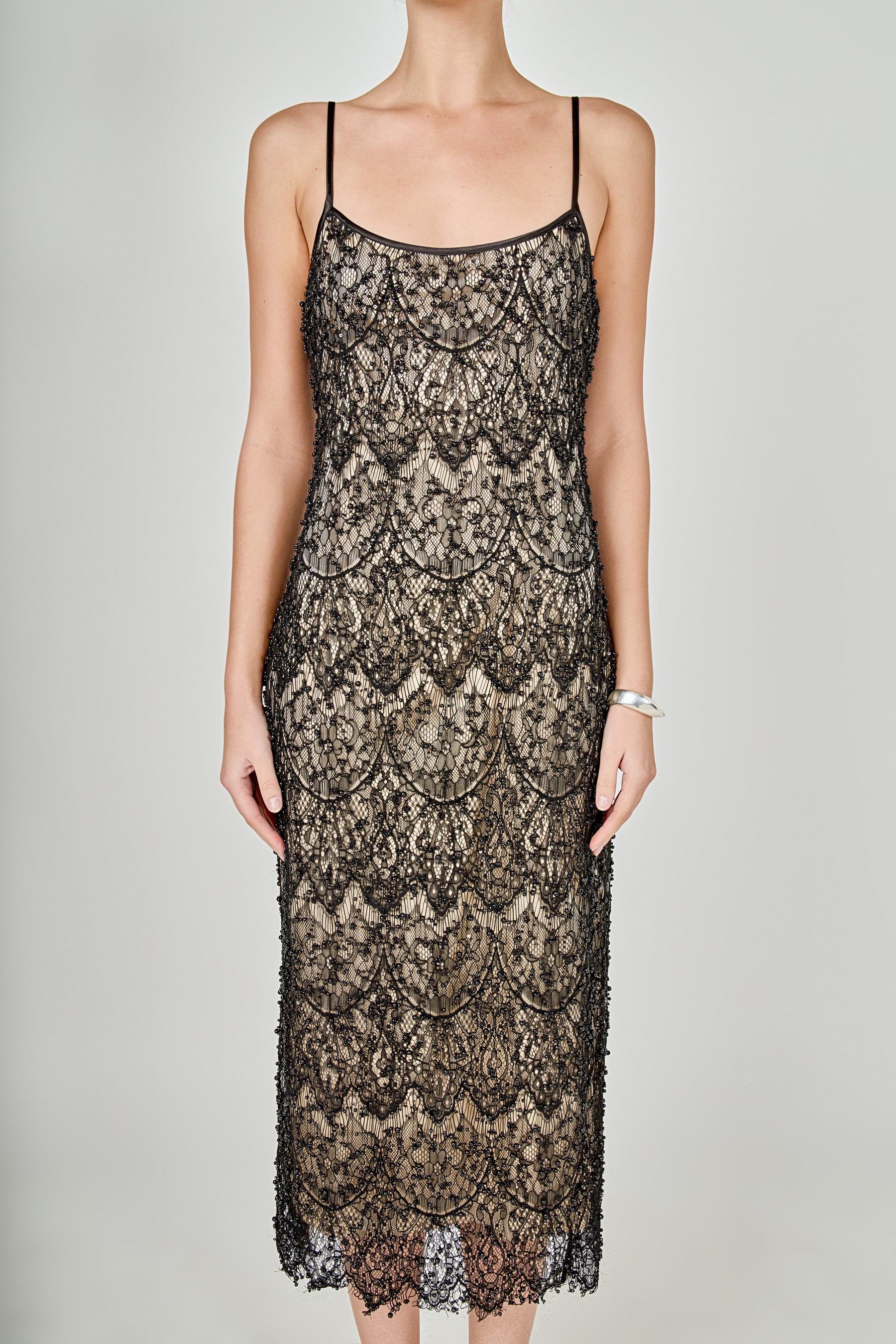 Pearl Beaded Lace Midi Dress