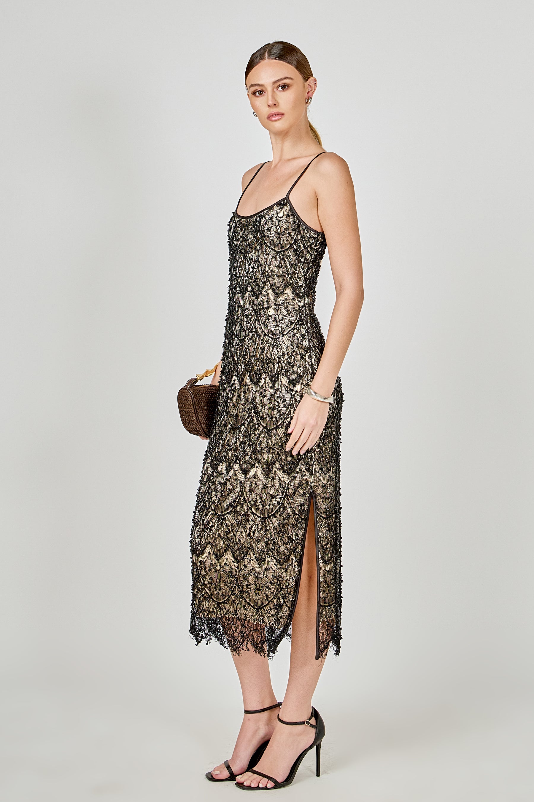 Pearl Beaded Lace Midi Dress