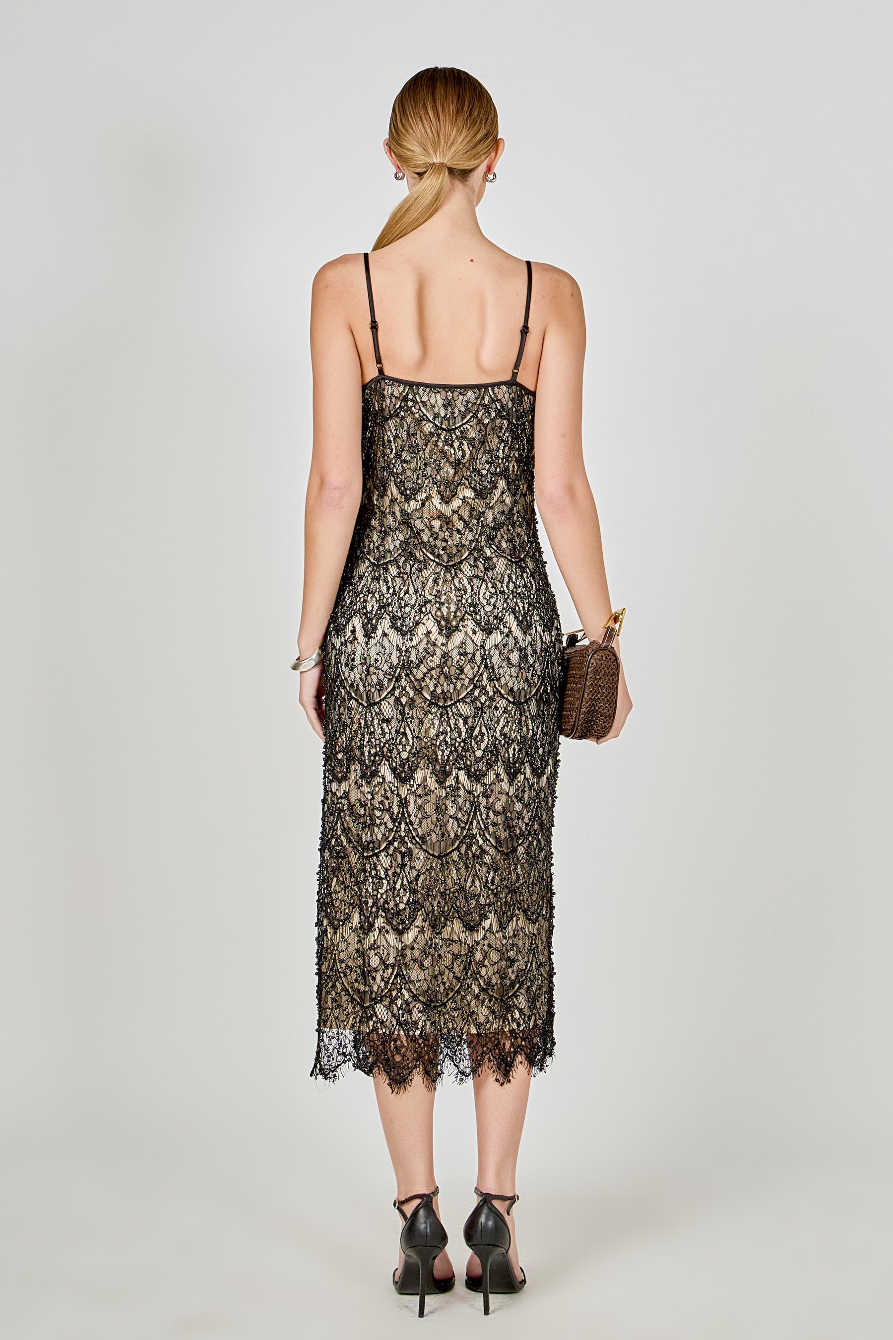 Pearl Beaded Lace Midi Dress
