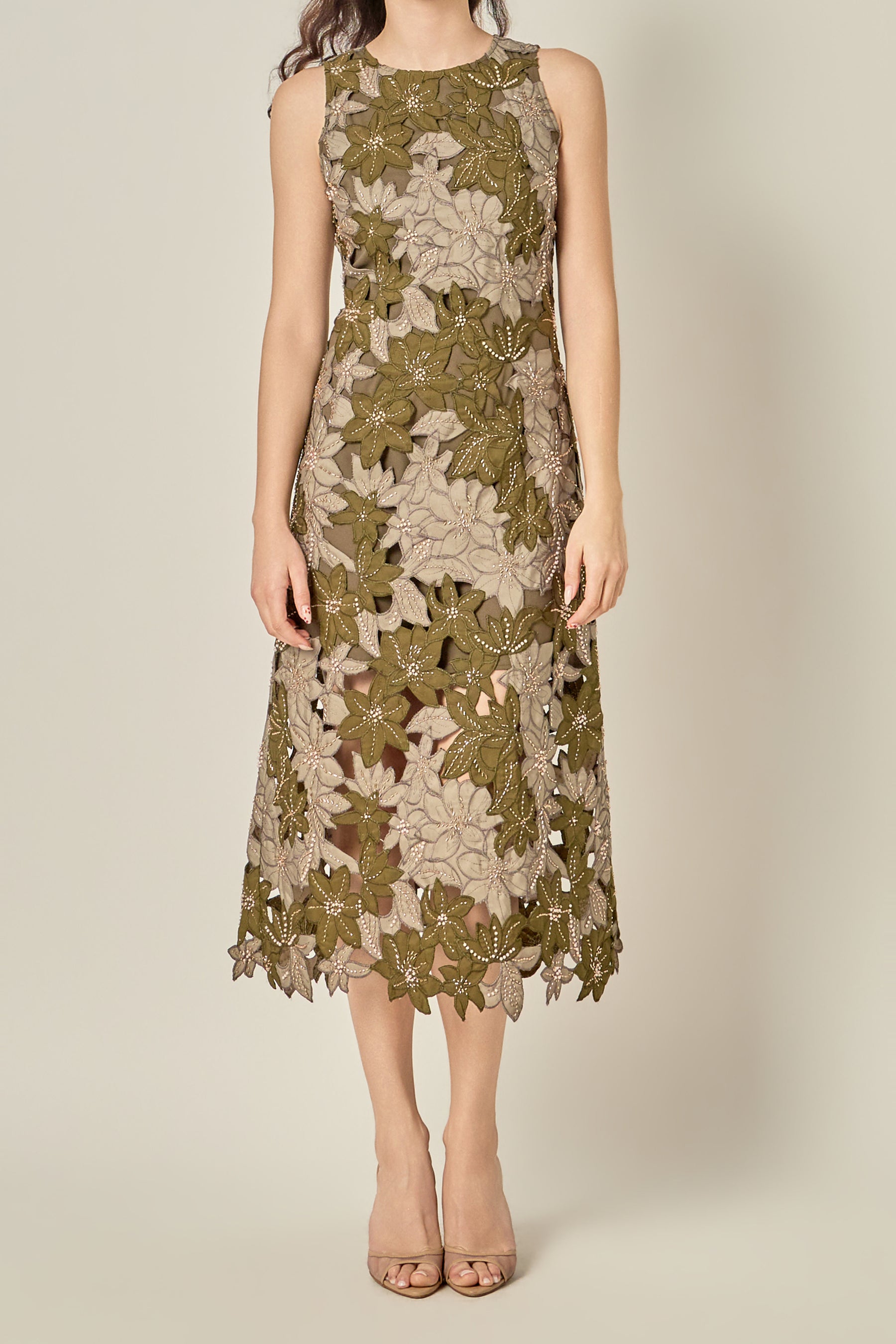Floral Appliqué Sleeveless Midi Dress