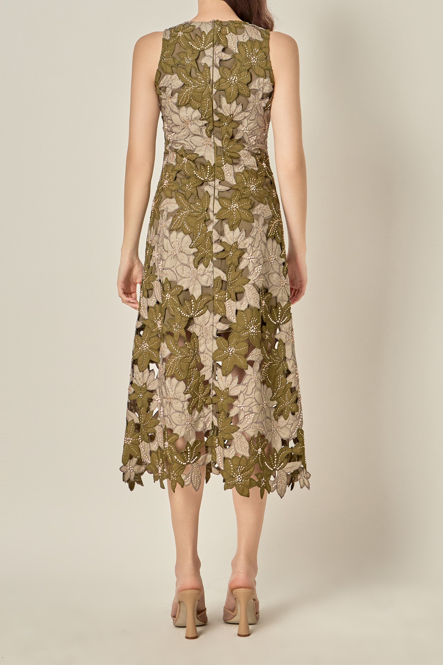 Floral Appliqué Sleeveless Midi Dress