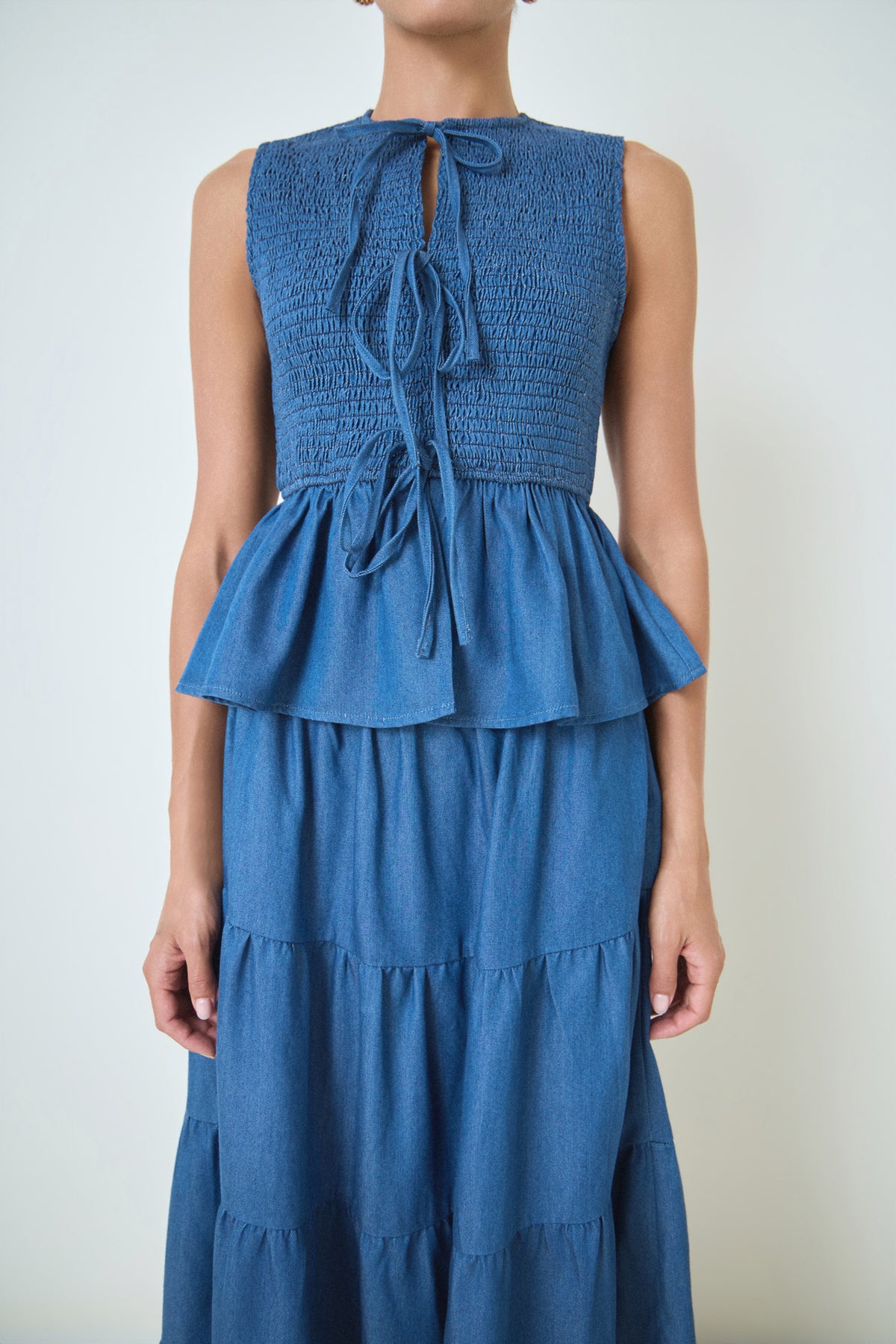 Denim Smocked Peplum Top
