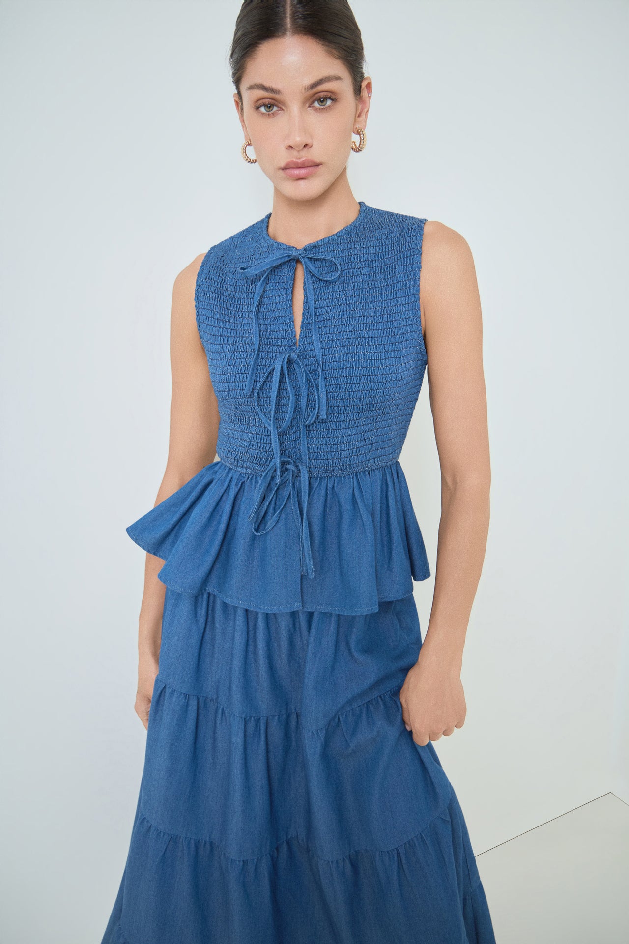 Denim Smocked Peplum Top