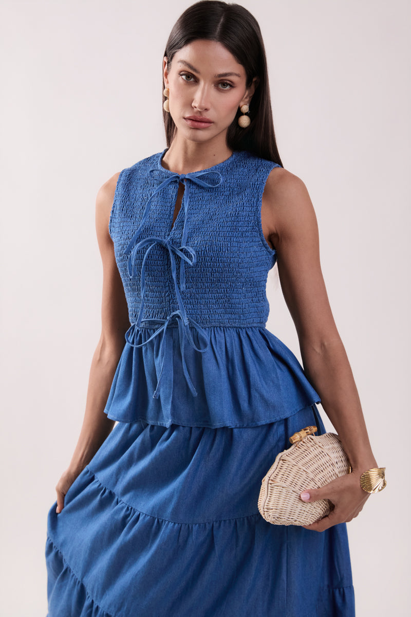 Denim Smocked Peplum Top