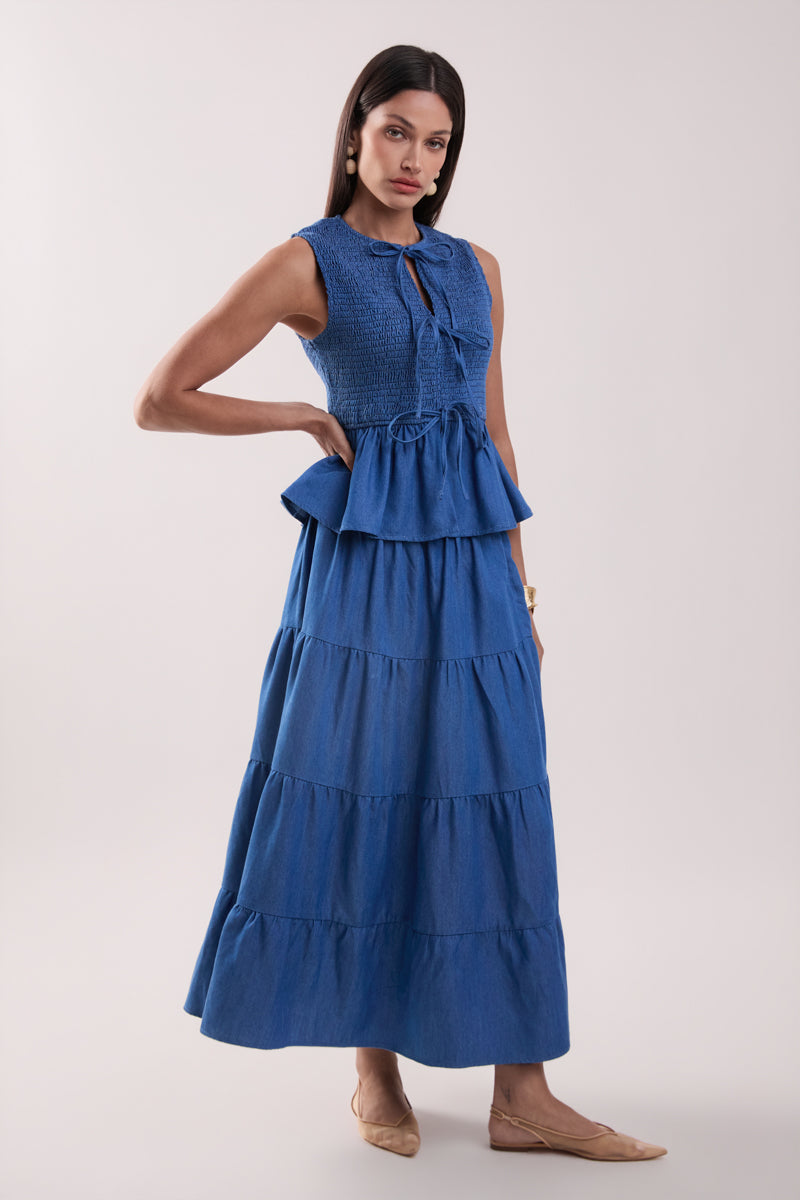 Denim Smocked Peplum Top