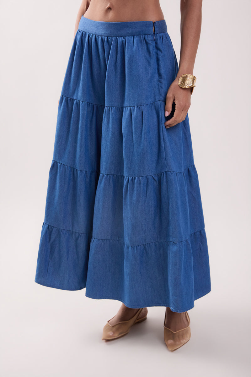Tiered Denim Maxi Skirt
