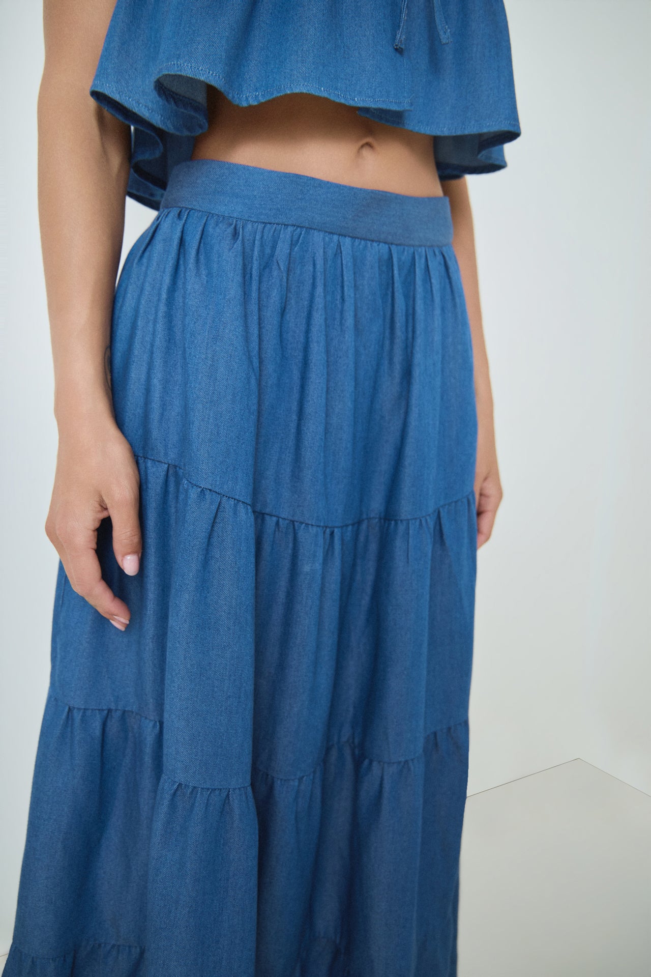 Tiered Denim Maxi Skirt