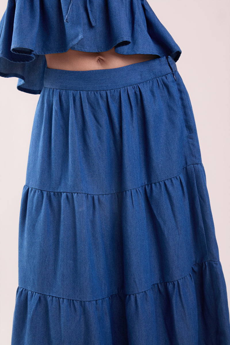 Tiered Denim Maxi Skirt