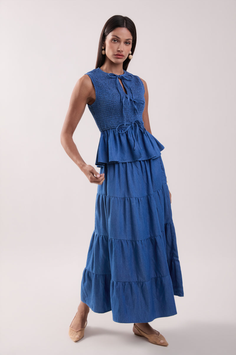 Tiered Denim Maxi Skirt