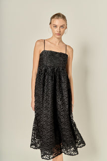 Thin Strapped Floral Embroidery Sleeveless Midi Dress