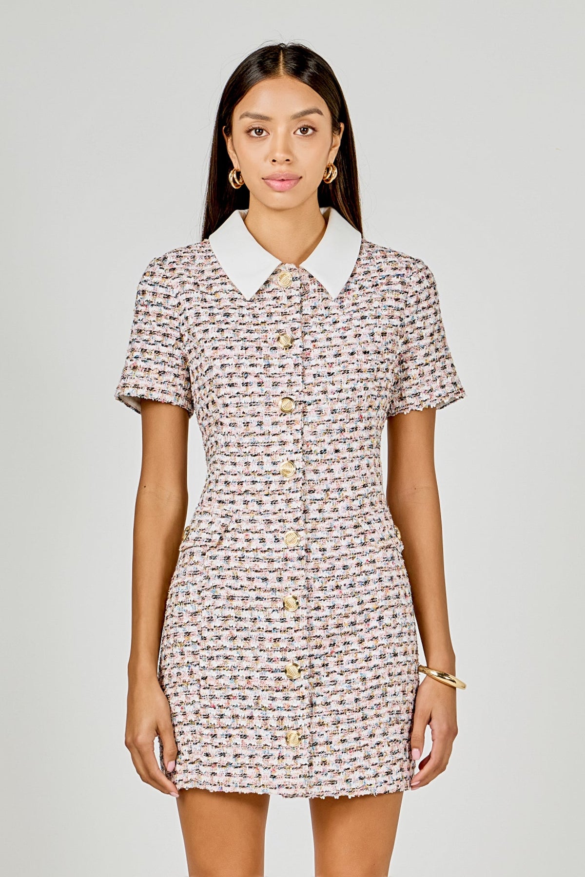 Multi Tweed Collared Short Sleeve Mini Dress