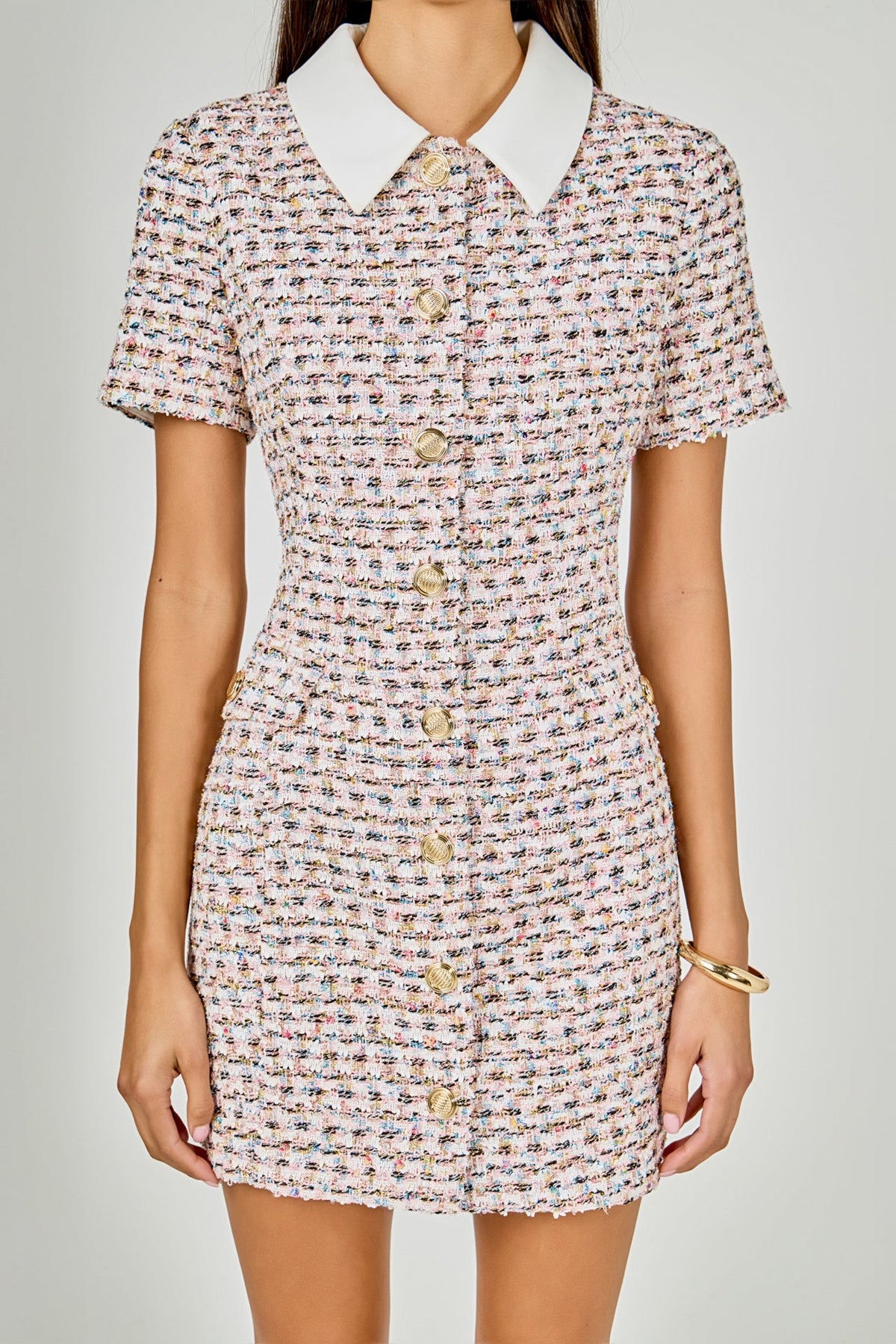 Multi Tweed Collared Short Sleeve Mini Dress
