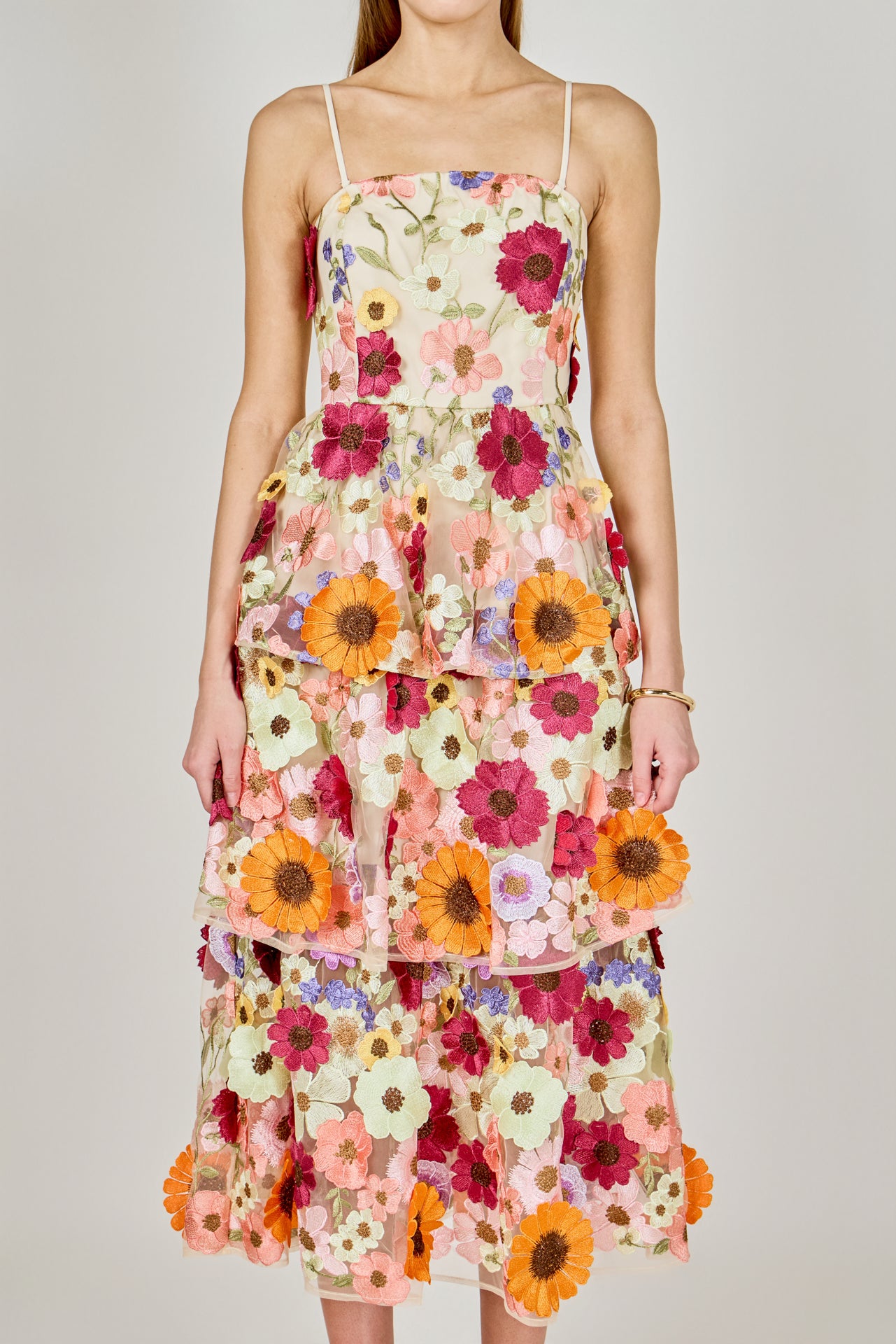 3D Floral Layered Midi Dress