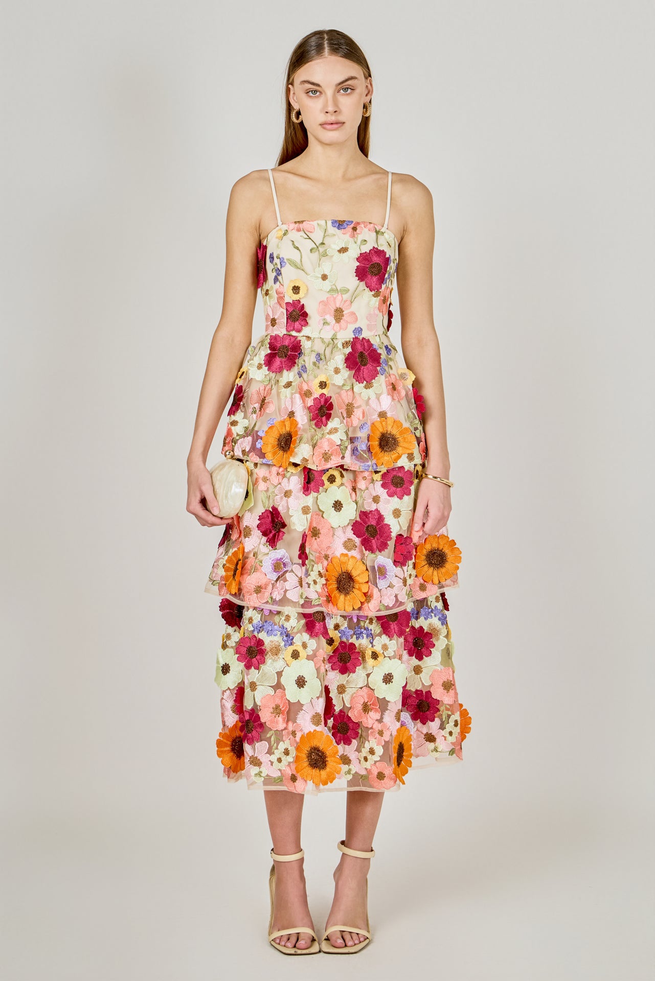 3D Floral Layered Midi Dress